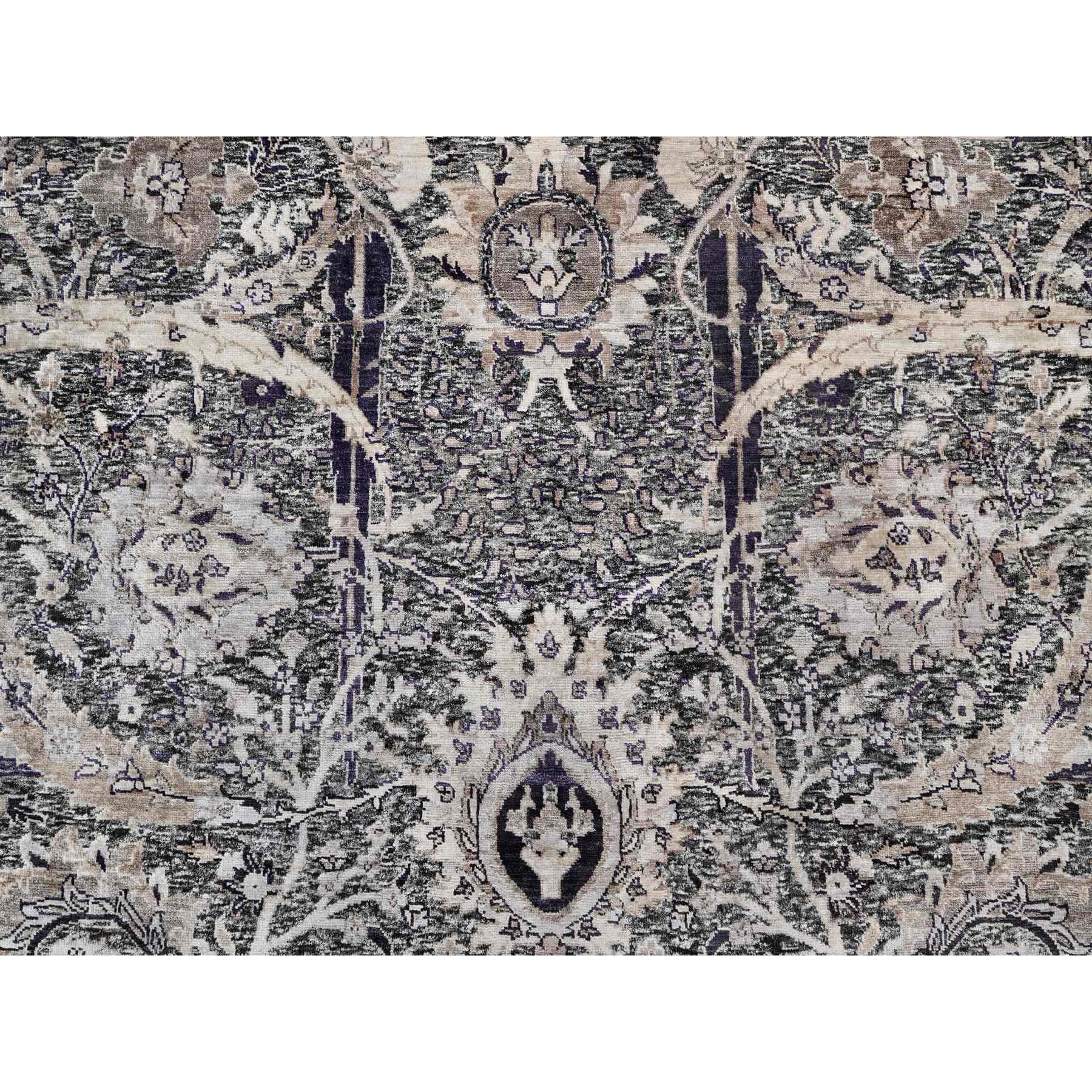 10'x10' Timber Wolf Brown, Wool and Silk, Hand Knotted, Sickle Leaf Design With Essence Of Black, Plush and Lush Soft Pile, Round Oriental Rug Sh90958