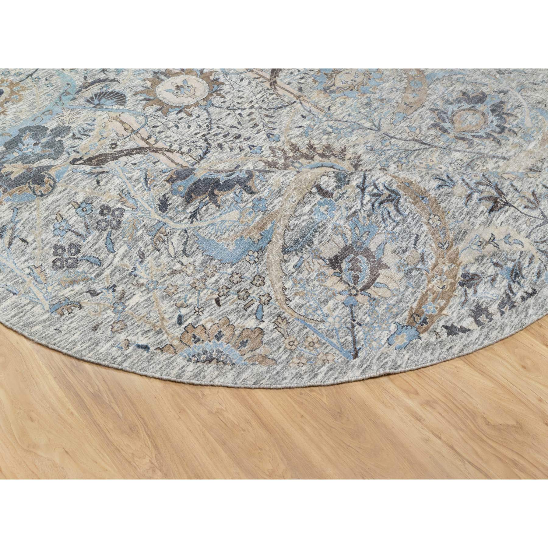 10'x10' Tahira White, Hand Knotted, Silk With Textured Wool, Sickle Leaf Design, Lush and Plush Soft Pile, Round Oriental Rug Sh90959