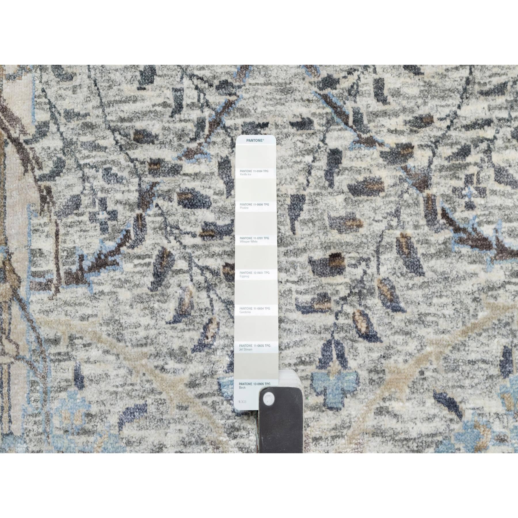 10'x10' Tahira White, Hand Knotted, Silk With Textured Wool, Sickle Leaf Design, Lush and Plush Soft Pile, Round Oriental Rug Sh90959