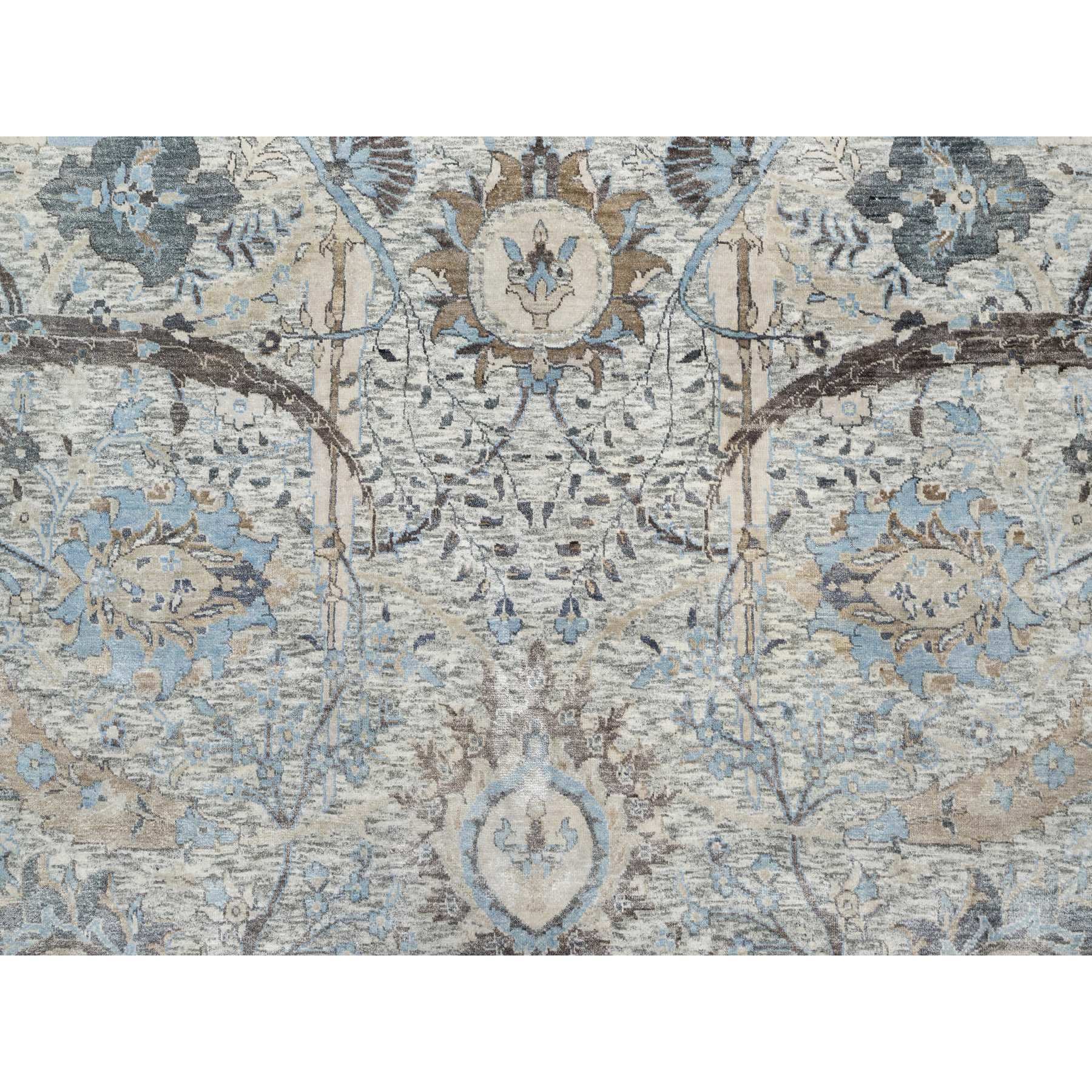 10'x10' Tahira White, Hand Knotted, Silk With Textured Wool, Sickle Leaf Design, Lush and Plush Soft Pile, Round Oriental Rug Sh90959
