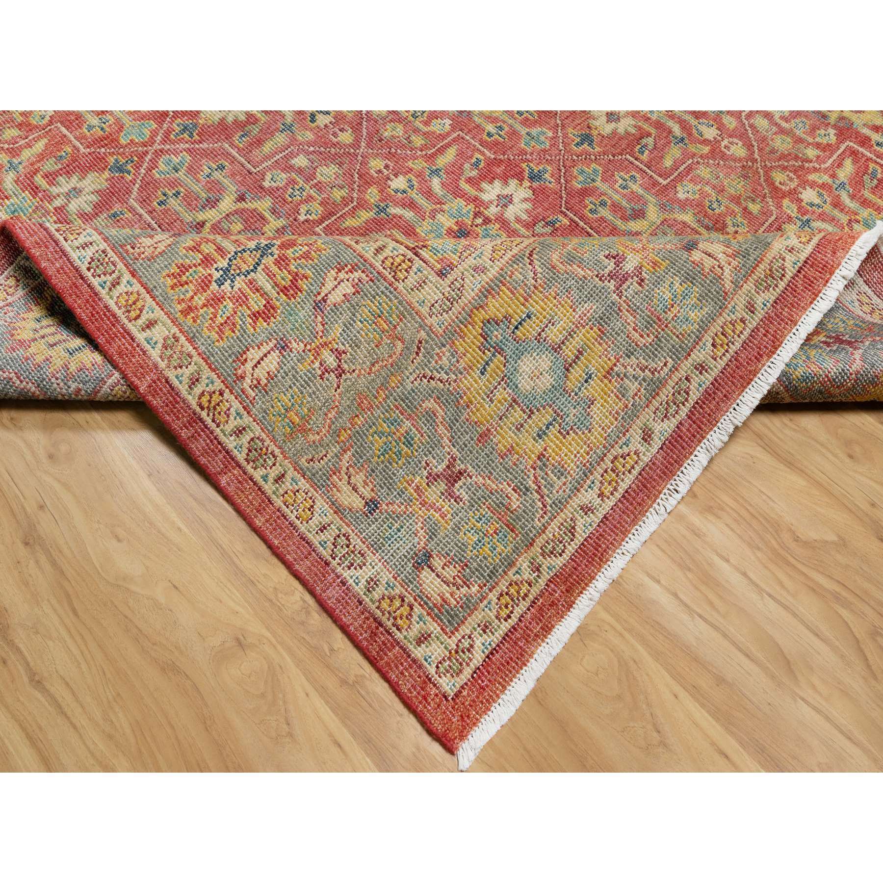 10'x13'9" Emboldened Red With Green Border,  Hand Knotted Antiqued Oushak Reimagined With Repetitive Star and Rosette Design, Natural Wool, Sheared Low, Oriental Rug Sh90960