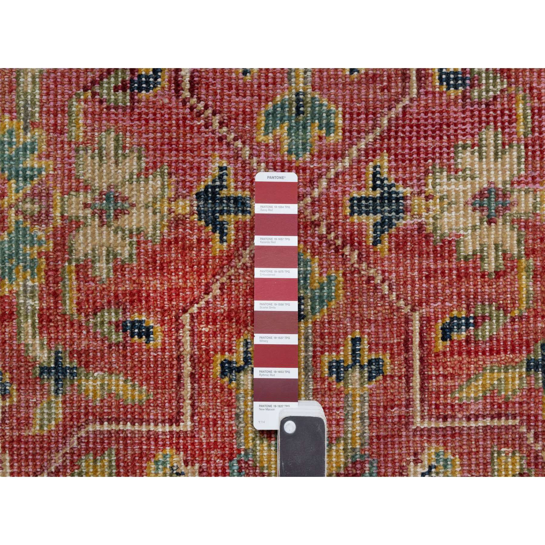 10'x13'9" Emboldened Red With Green Border,  Hand Knotted Antiqued Oushak Reimagined With Repetitive Star and Rosette Design, Natural Wool, Sheared Low, Oriental Rug Sh90960
