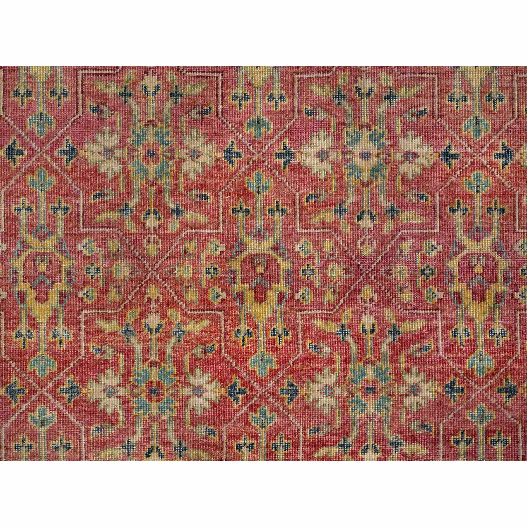 10'x13'9" Emboldened Red With Green Border,  Hand Knotted Antiqued Oushak Reimagined With Repetitive Star and Rosette Design, Natural Wool, Sheared Low, Oriental Rug Sh90960
