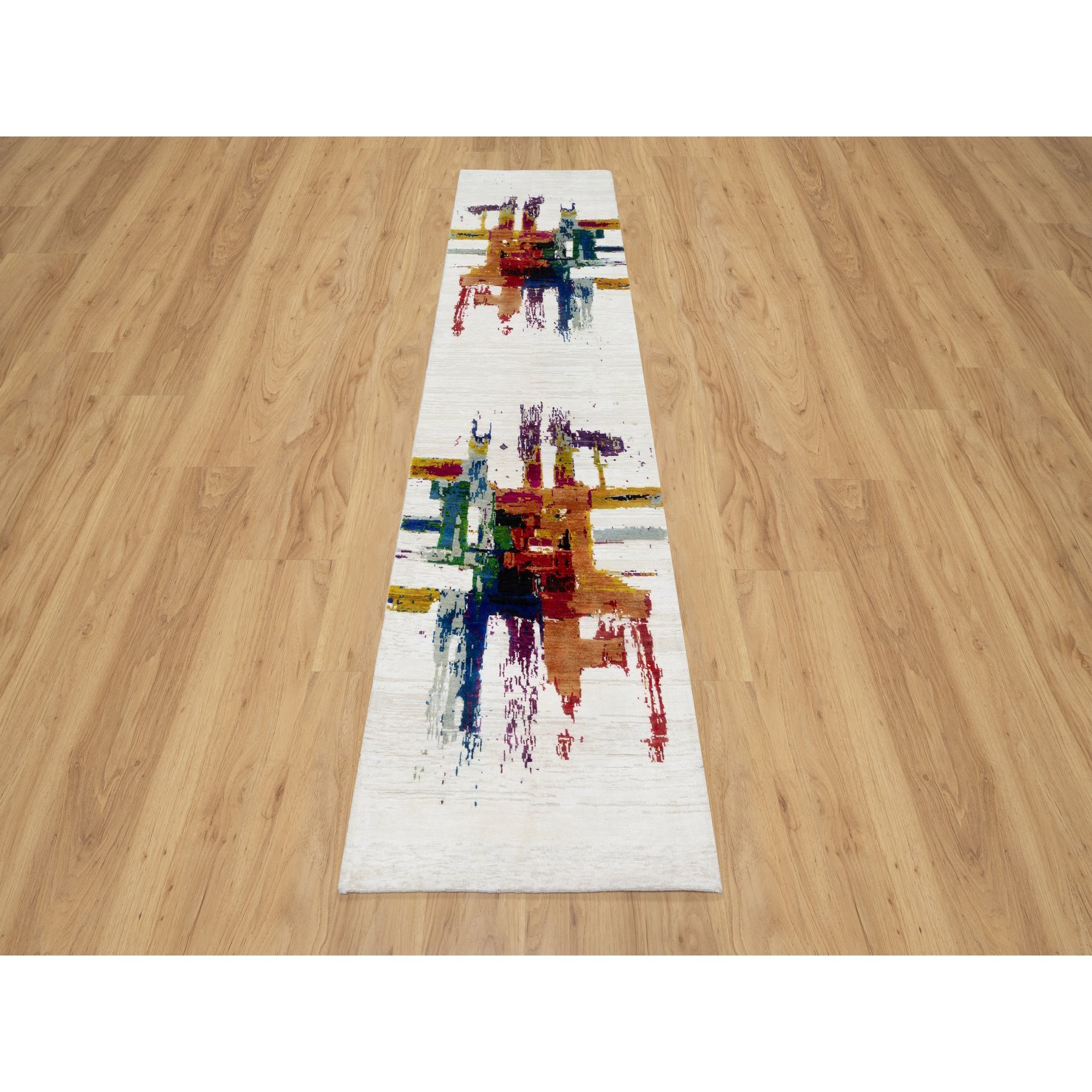 2'6"x9'10" Jet Stream White, Colorful Modern Abstract Motifs Design With Painter's Brush Strokes, Hand Knotted, Wool and Sari Silk, Runner Oriental Rug Sh90961