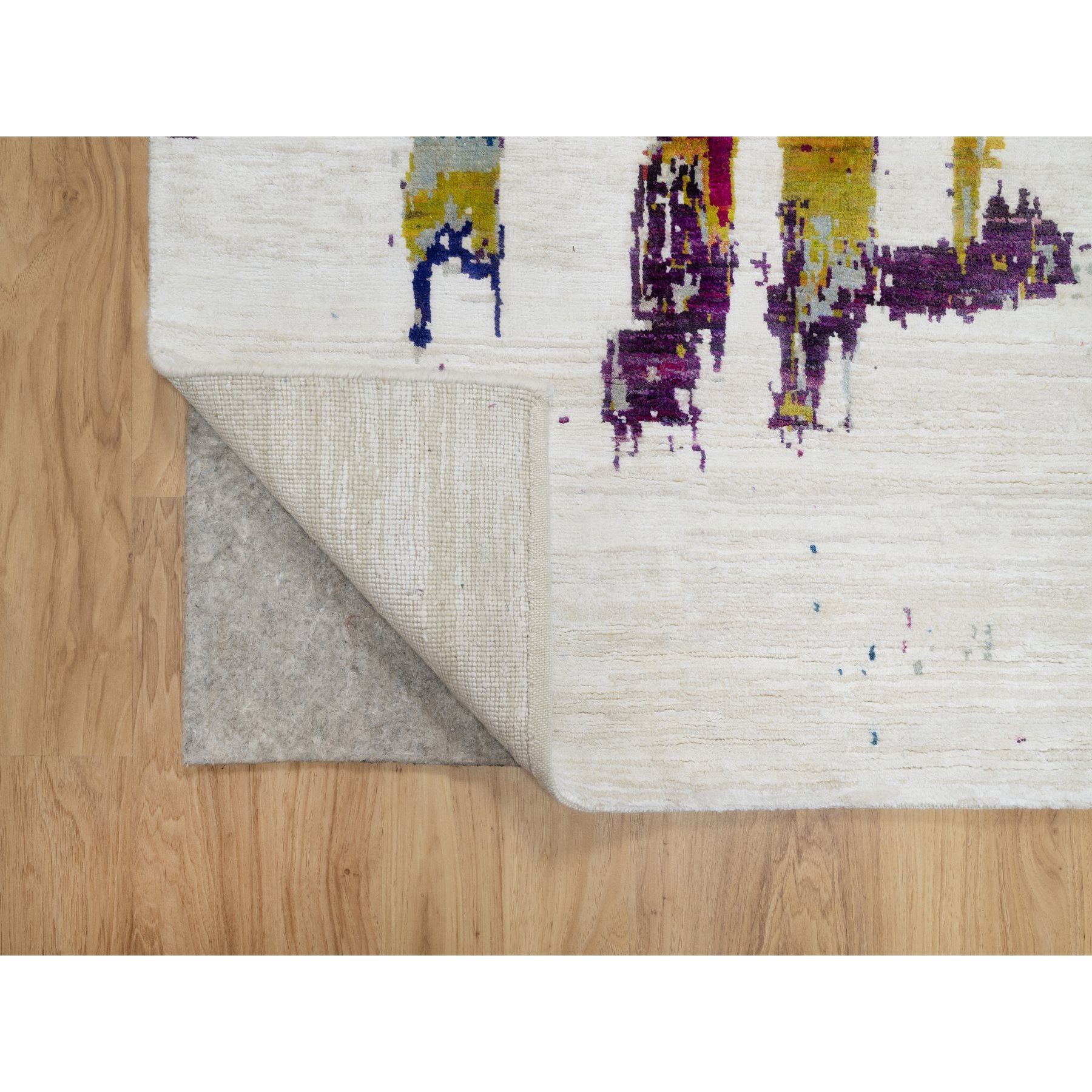 2'6"x9'10" Jet Stream White, Colorful Modern Abstract Motifs Design With Painter's Brush Strokes, Hand Knotted, Wool and Sari Silk, Runner Oriental Rug Sh90961