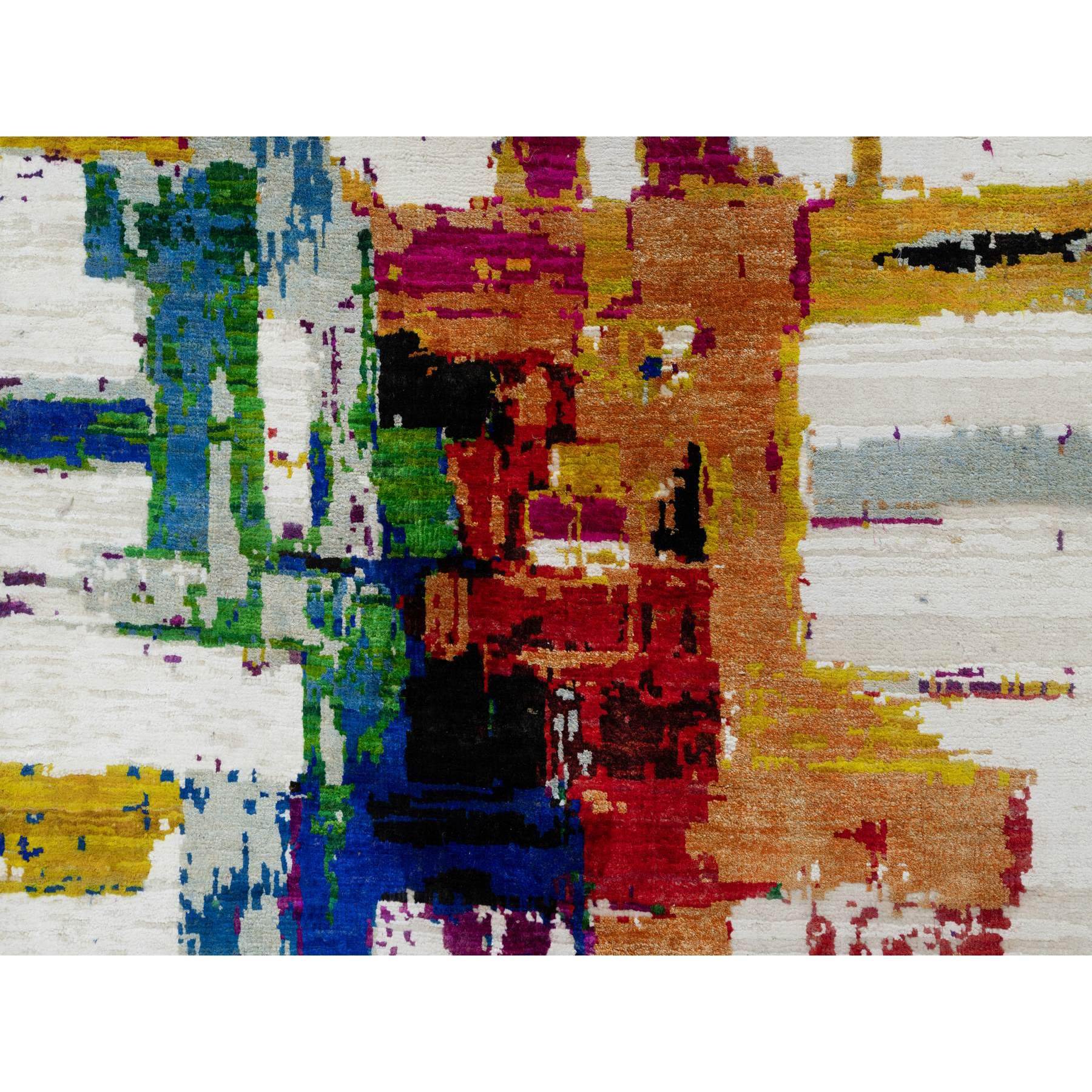 2'6"x9'10" Jet Stream White, Colorful Modern Abstract Motifs Design With Painter's Brush Strokes, Hand Knotted, Wool and Sari Silk, Runner Oriental Rug Sh90961
