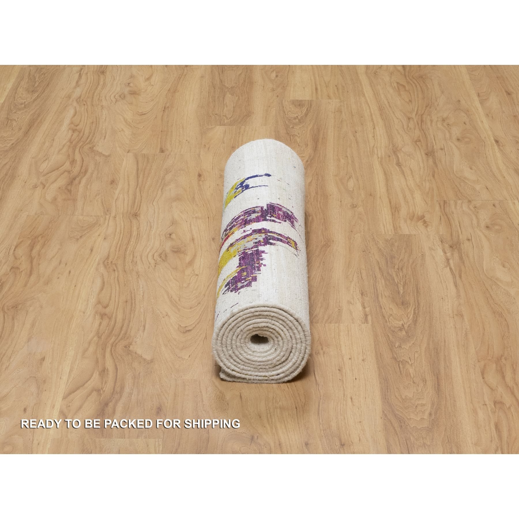 2'6"x9'10" Jet Stream White, Colorful Modern Abstract Motifs Design With Painter's Brush Strokes, Hand Knotted, Wool and Sari Silk, Runner Oriental Rug Sh90961