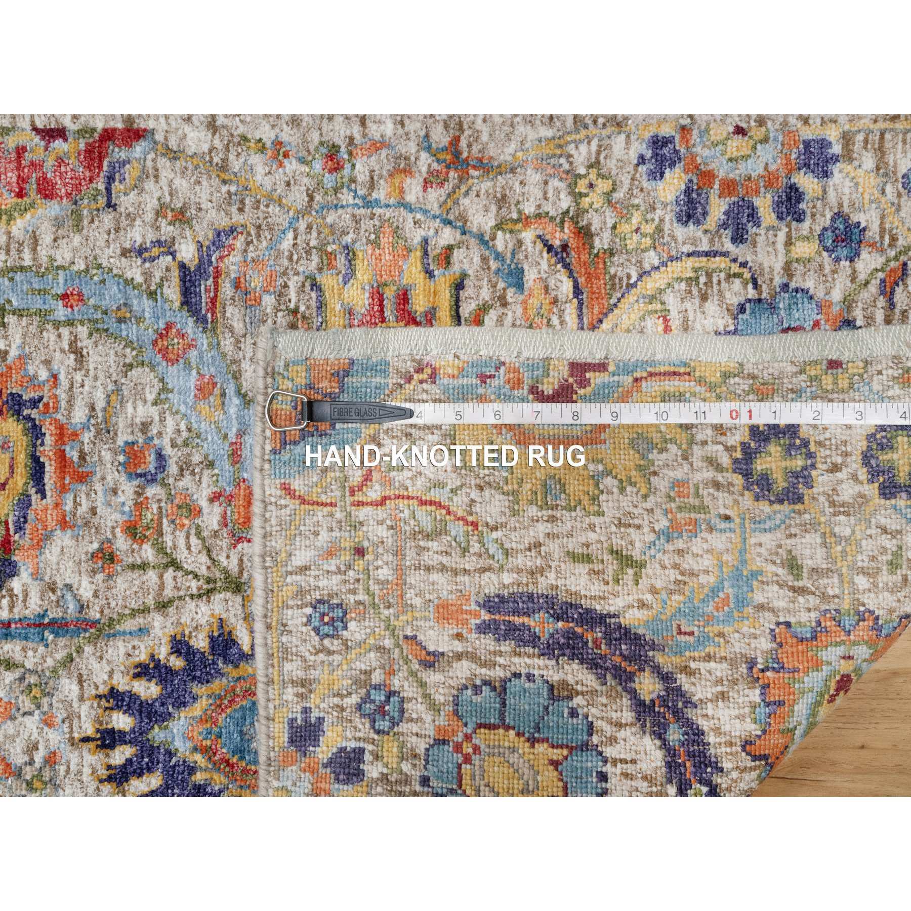 2'6"x27'7" Promenade White, Silk With Textured Wool, Sickle Leaf Design, Hand Knotted, Soft Pile, XL Runner Oriental Rug Sh90965