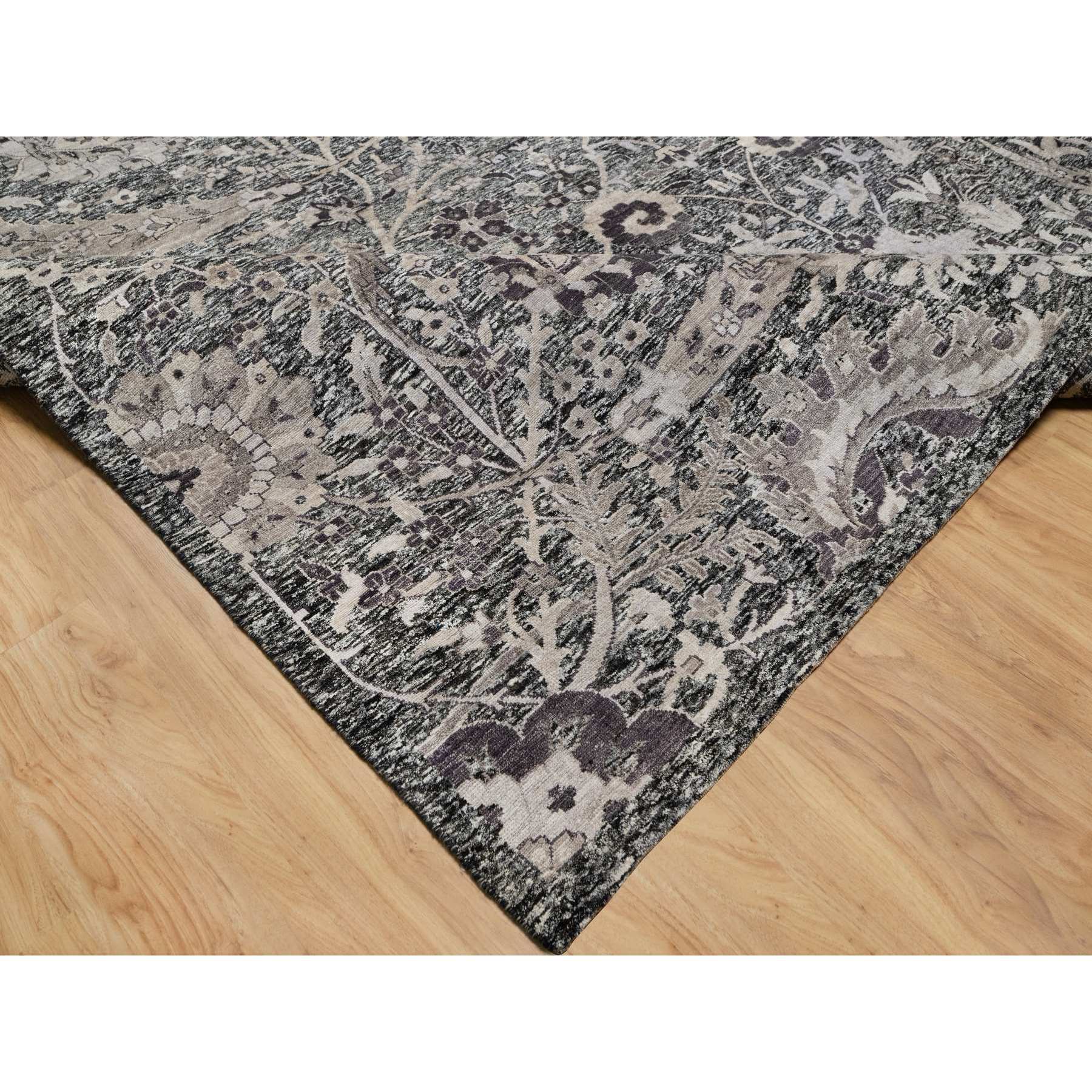 11'8"x15' Mulch Brown, Hand Knotted, Shades Of Black, Lush and Plush, Wool and Silk, Oversized Sickle Leaf Design Oriental Rug Sh90966