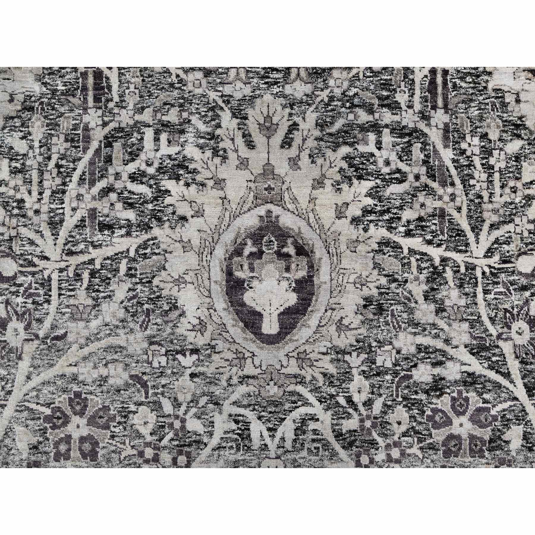 11'8"x15' Mulch Brown, Hand Knotted, Shades Of Black, Lush and Plush, Wool and Silk, Oversized Sickle Leaf Design Oriental Rug Sh90966