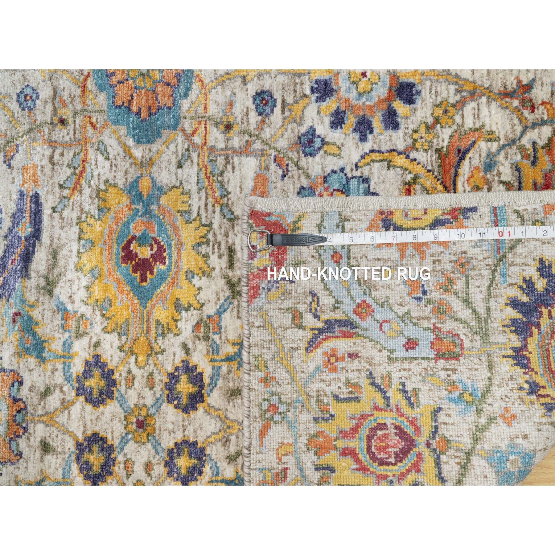2'7"x22'1" Oyster White, Hand Knotted, Silk With Textured Wool, XL Runner Sickle Leaf Design, Soft Pile, Oriental Rug Sh90971