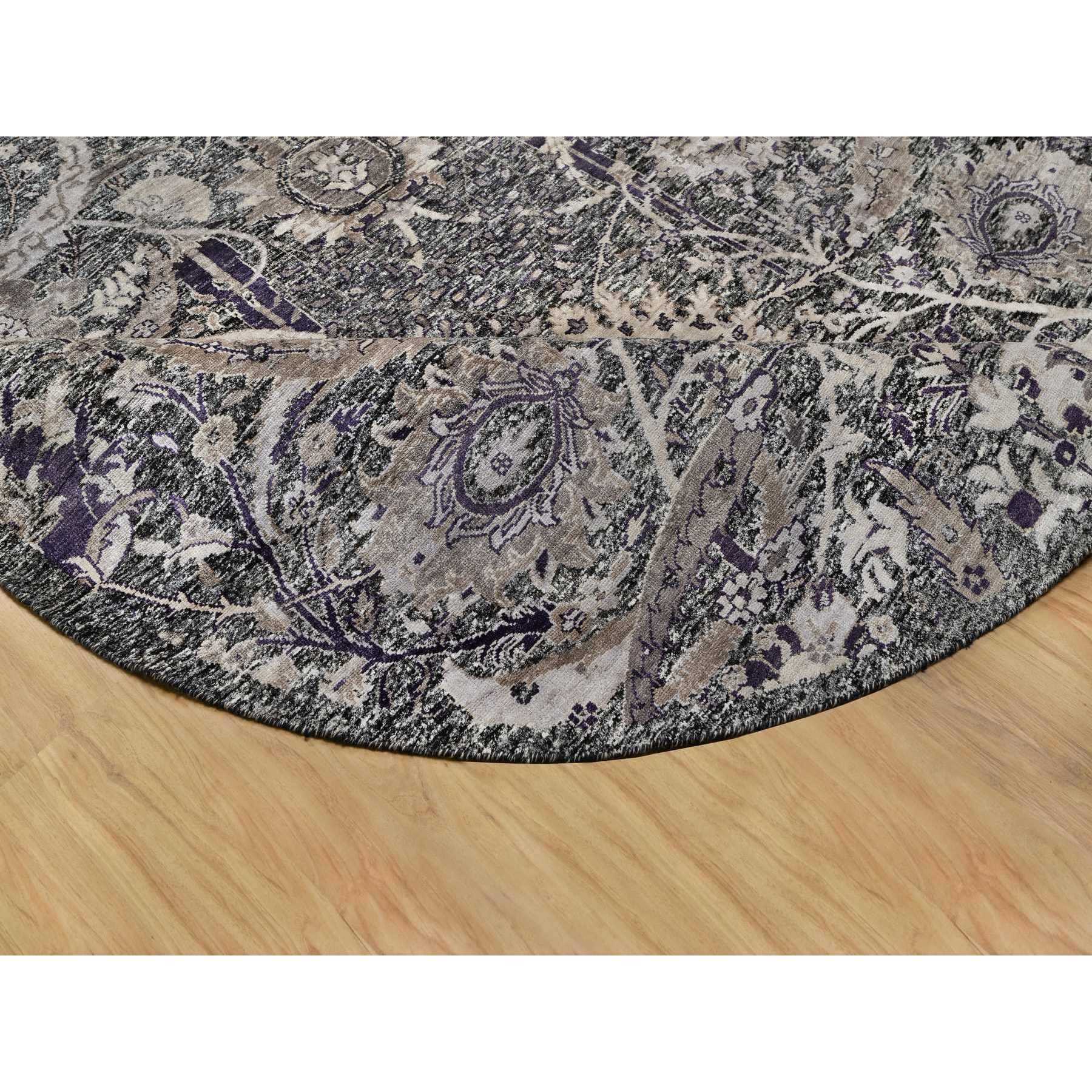 8'x8' Tarmac Brown, Hand Knotted With Essence Of Black, Sickle Leaf Design, Plush and Lush, Wool and Silk, Borderless Round Oriental Rug Sh90973