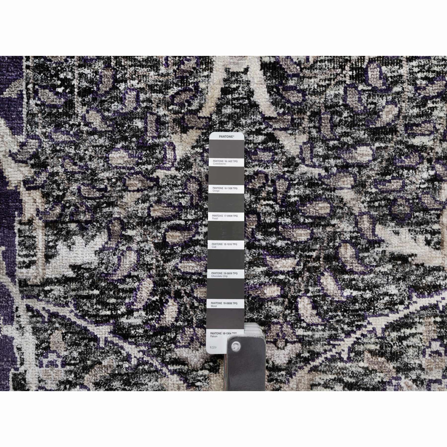 8'x8' Tarmac Brown, Hand Knotted With Essence Of Black, Sickle Leaf Design, Plush and Lush, Wool and Silk, Borderless Round Oriental Rug Sh90973