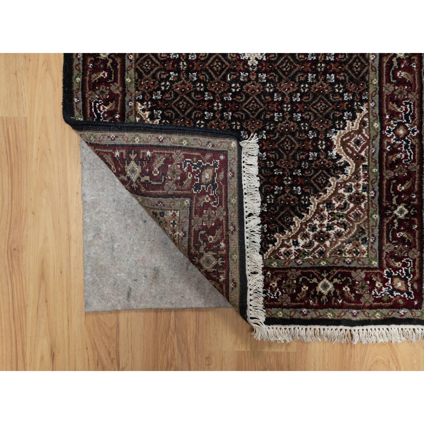 2'7"x24'1" Pitch Black, Tabriz Mahi with Fish Medallion Design, 175 KPSI, Hand Knotted, 100% Wool, XL Runner, Oriental Rug Sh90981