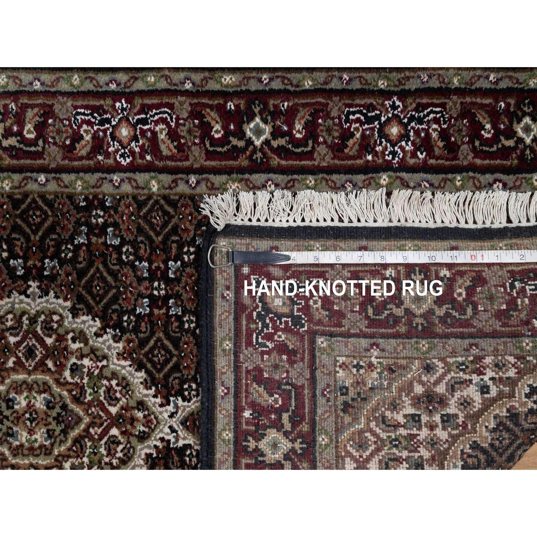 2'7"x24'1" Pitch Black, Tabriz Mahi with Fish Medallion Design, 175 KPSI, Hand Knotted, 100% Wool, XL Runner, Oriental Rug Sh90981