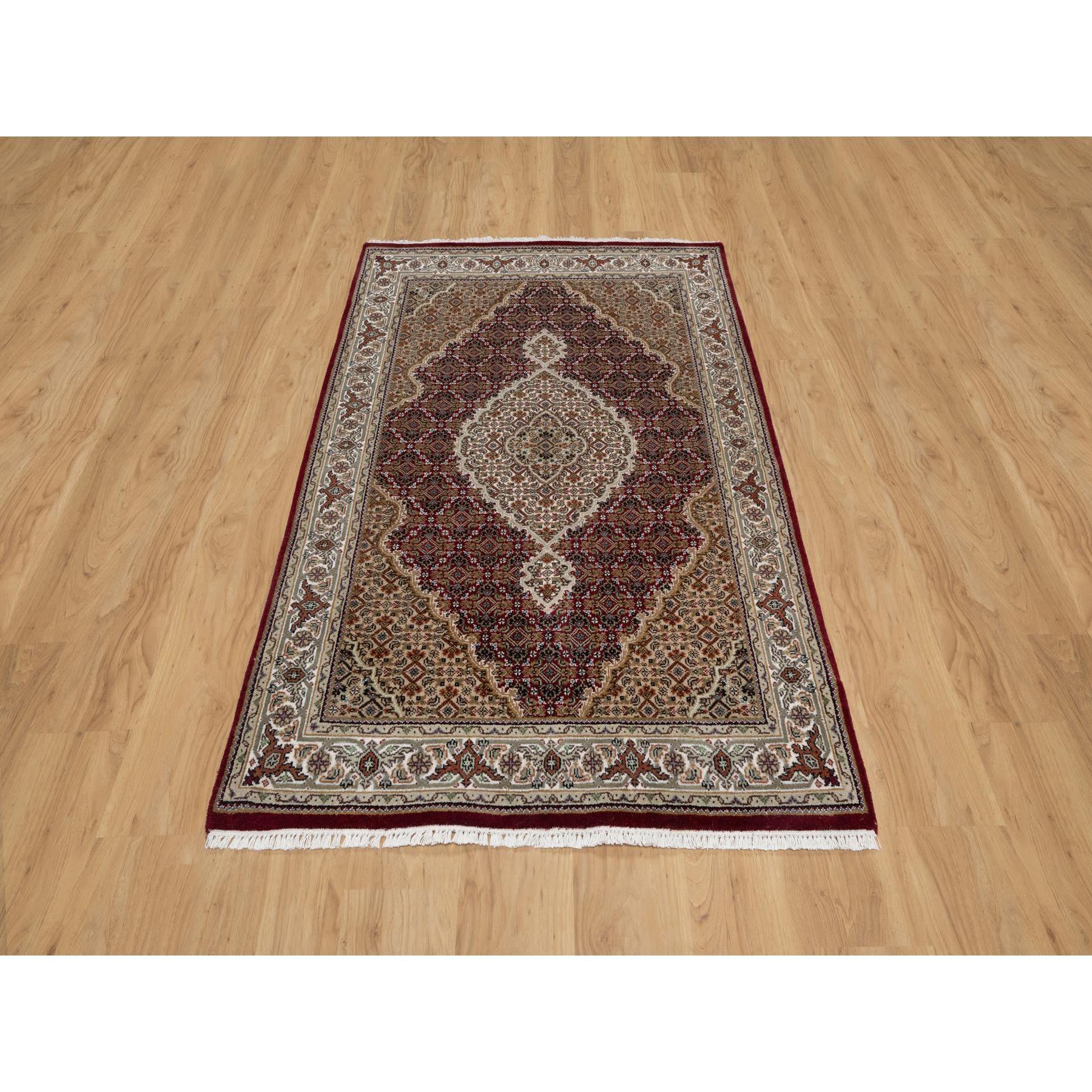 4'x6'2" Carmine Red, Densely Woven, Tabriz Mahi with Fish Medallion Design, Soft Wool, Hand Knotted, Oriental Rug Sh90983