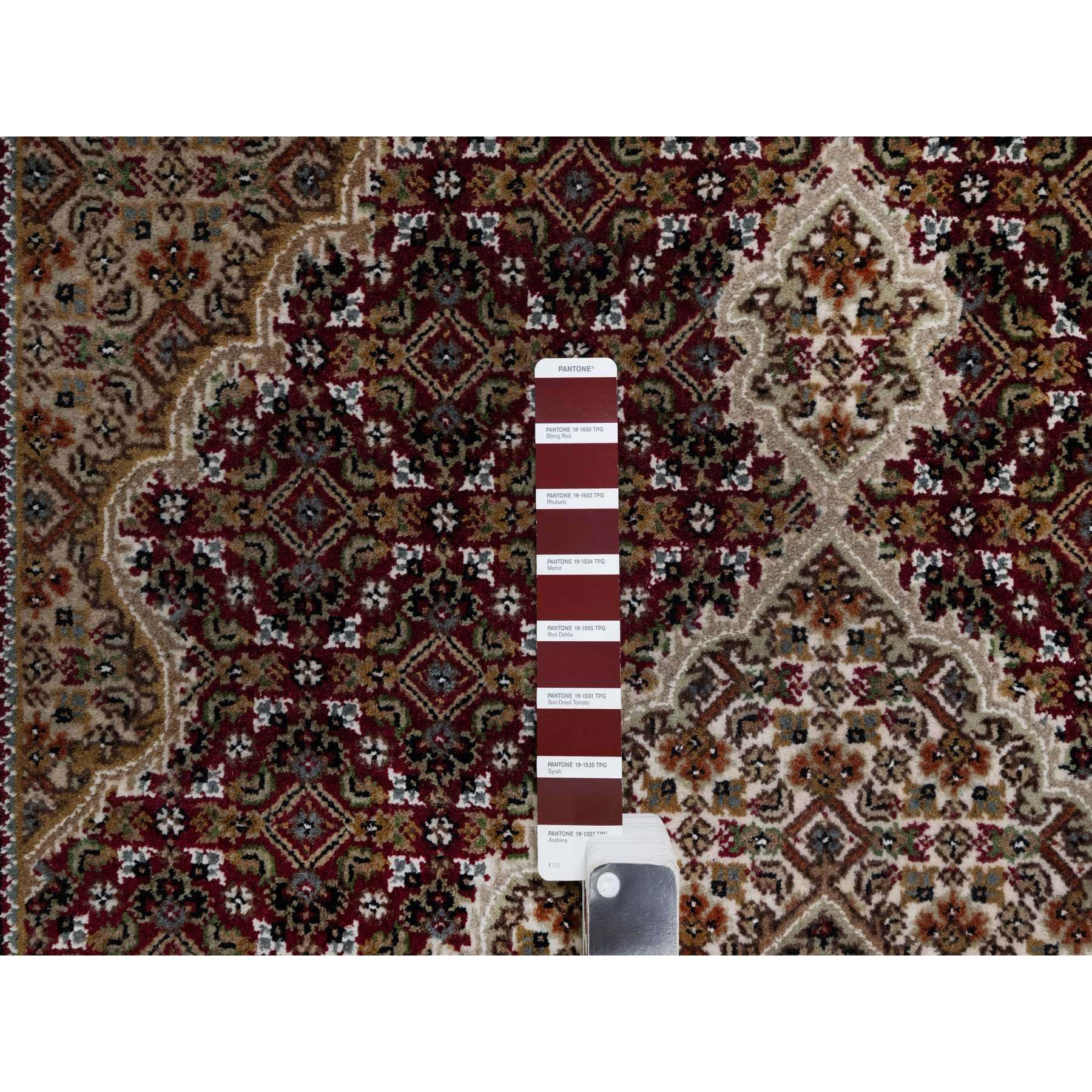 4'x6'2" Carmine Red, Densely Woven, Tabriz Mahi with Fish Medallion Design, Soft Wool, Hand Knotted, Oriental Rug Sh90983
