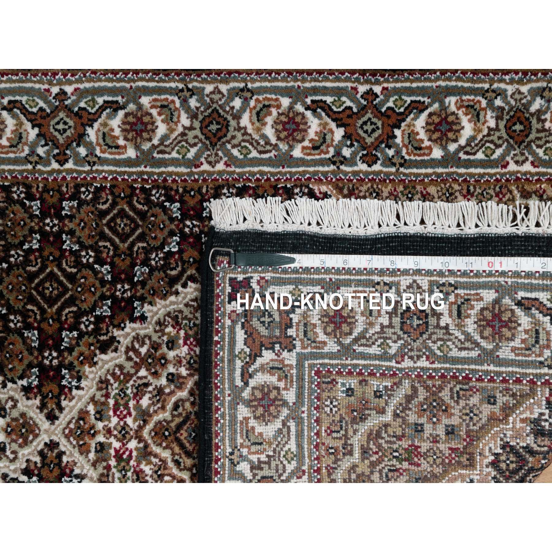 2'7"x6'3" Ink Black, Pure Wool, Tabriz Mahi with Fish Medallion Design, 175 KPSI, Hand Knotted, Runner, Oriental Rug Sh90985