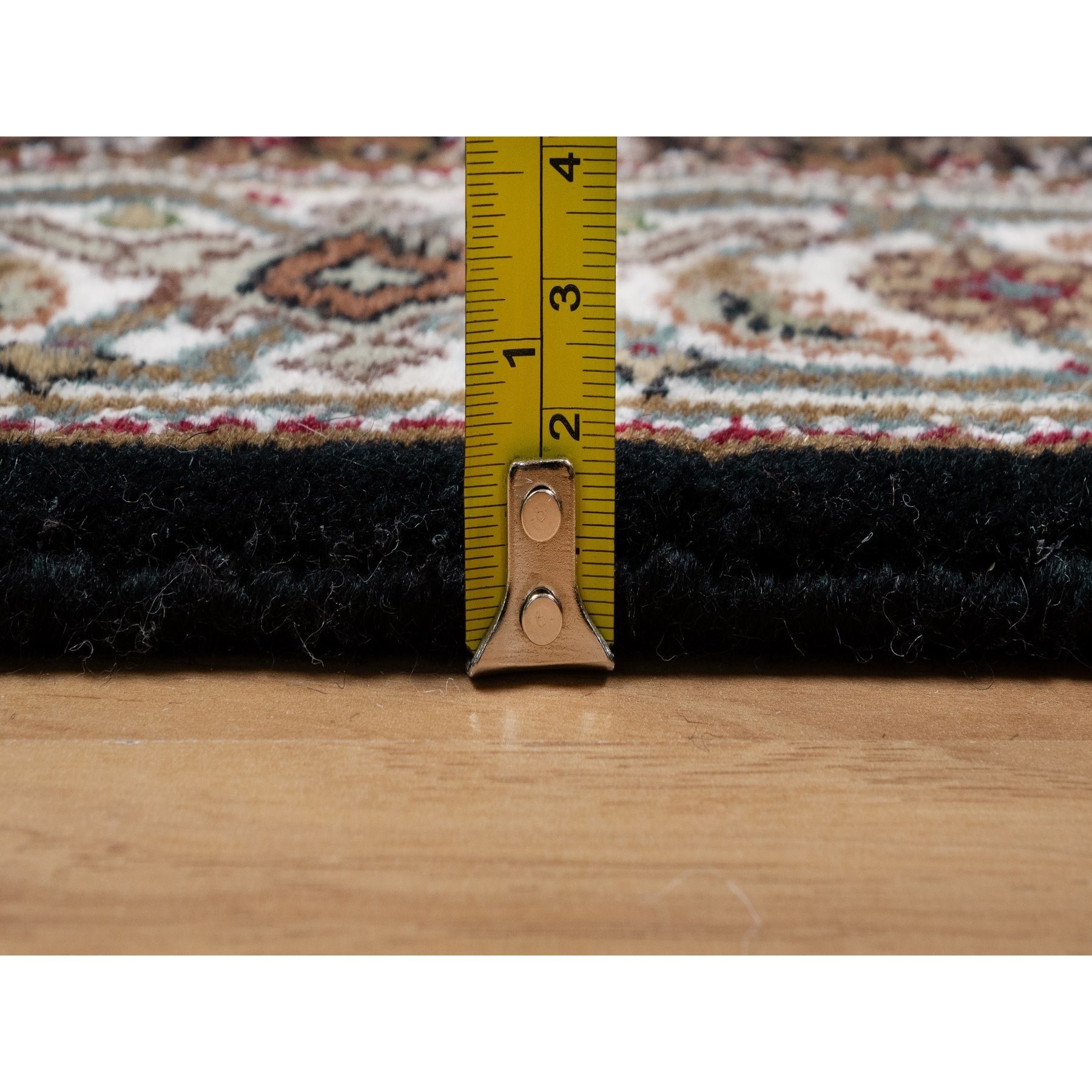 2'7"x6'3" Rich Black, Hand Knotted, Tabriz Mahi with Fish Medallion Design, 175 KPSI, Pure Wool, Runner, Oriental Rug Sh90986