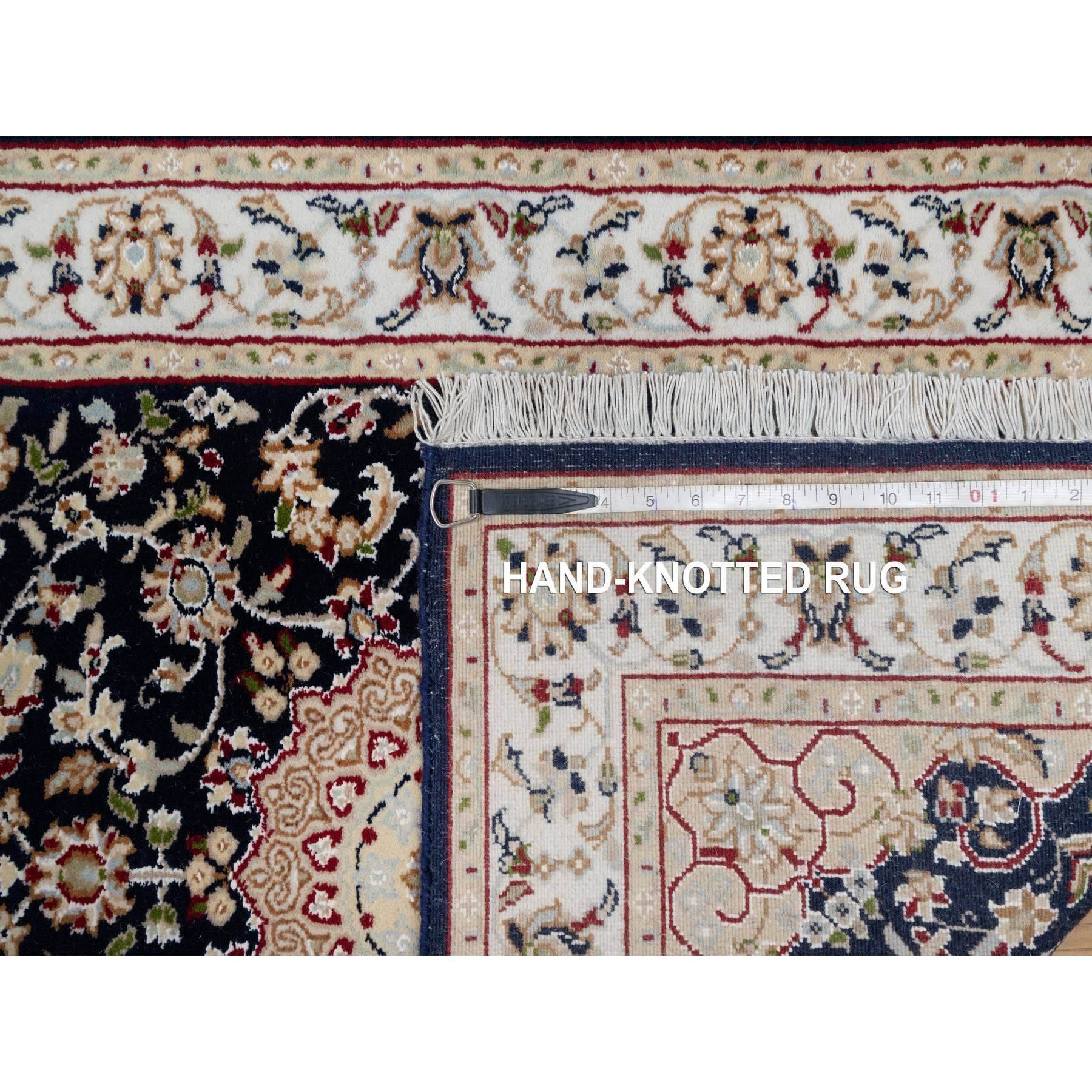 2'6"x10' Vulcan Blue, Nain with Center Flower Medallion Design, Hand Knotted, Wool and Silk, 250 KPSI, Runner, Oriental Rug Sh90989