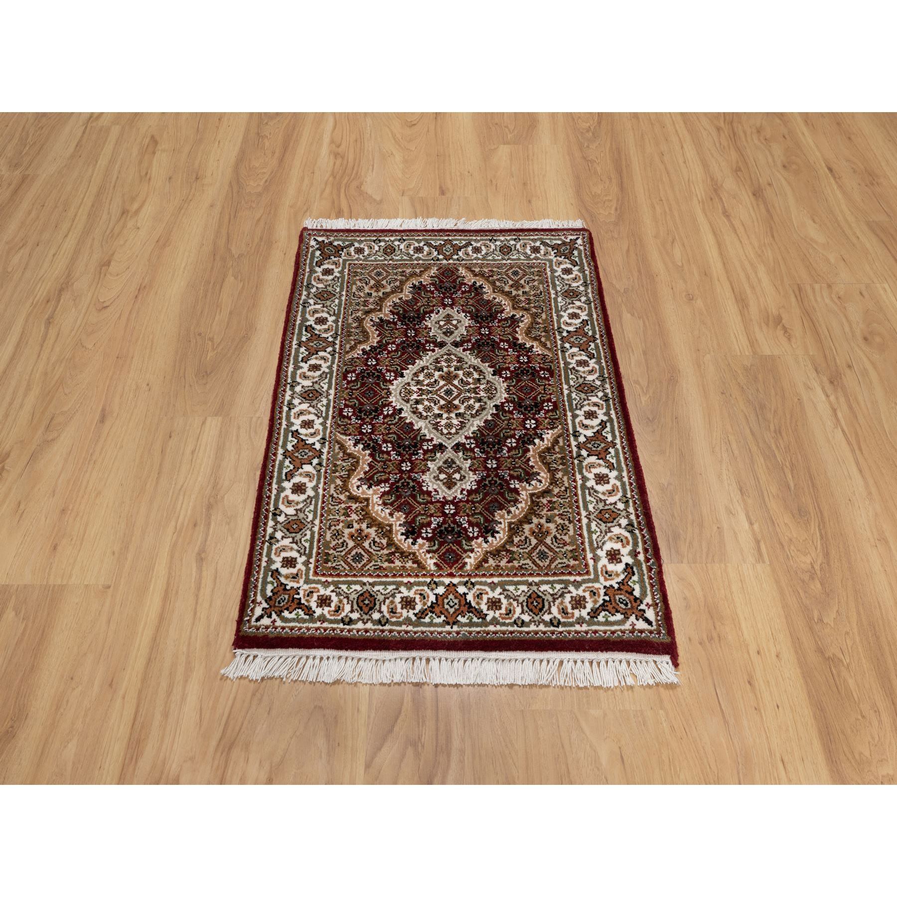 2'x3' Vermilion Red, Tabriz Mahi with Fish Medallion Design, Soft Wool, Hand Knotted, Densely Woven, Mat, Oriental Rug Sh90993