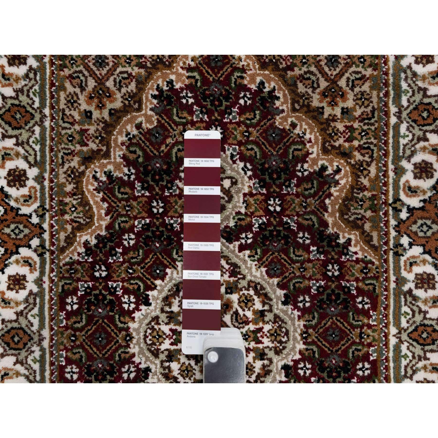 2'x3' Vermilion Red, Tabriz Mahi with Fish Medallion Design, Soft Wool, Hand Knotted, Densely Woven, Mat, Oriental Rug Sh90993