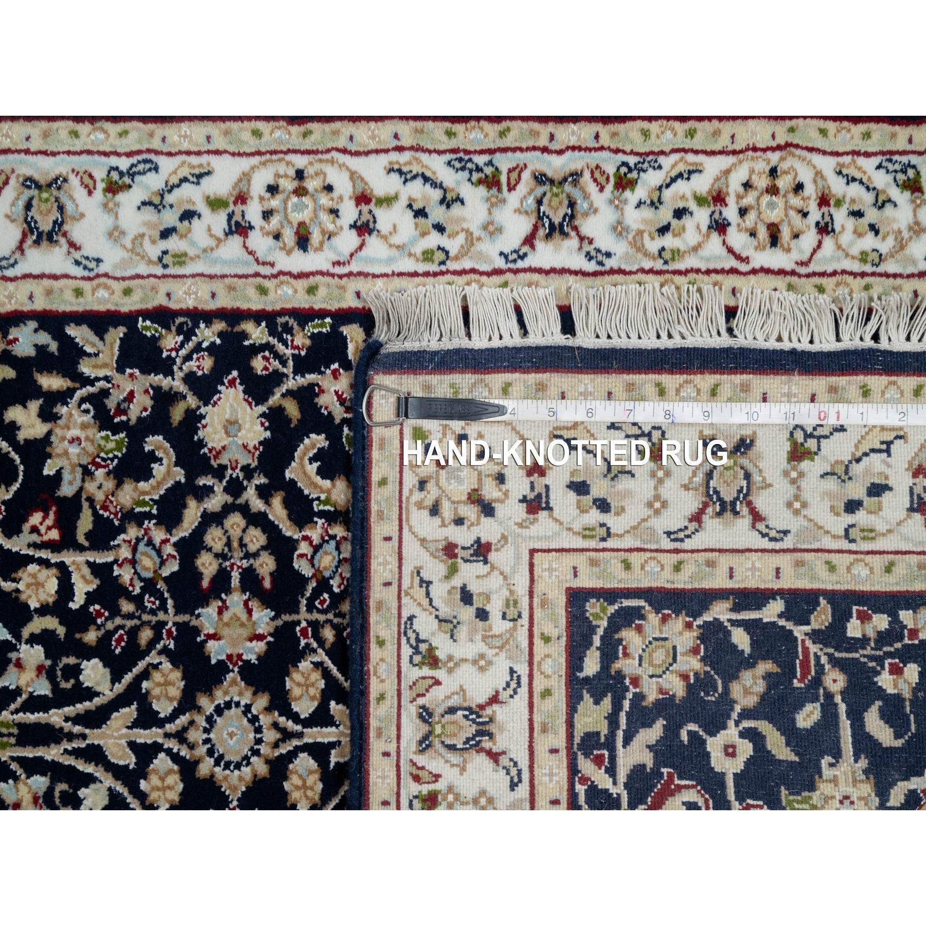 2'7"x8'1" Midnight Blue, Wool and Silk, Nain with All Over Flower Design, Soft Pile, 250 KPSI, Hand Knotted, Runner, Oriental Rug Sh91008