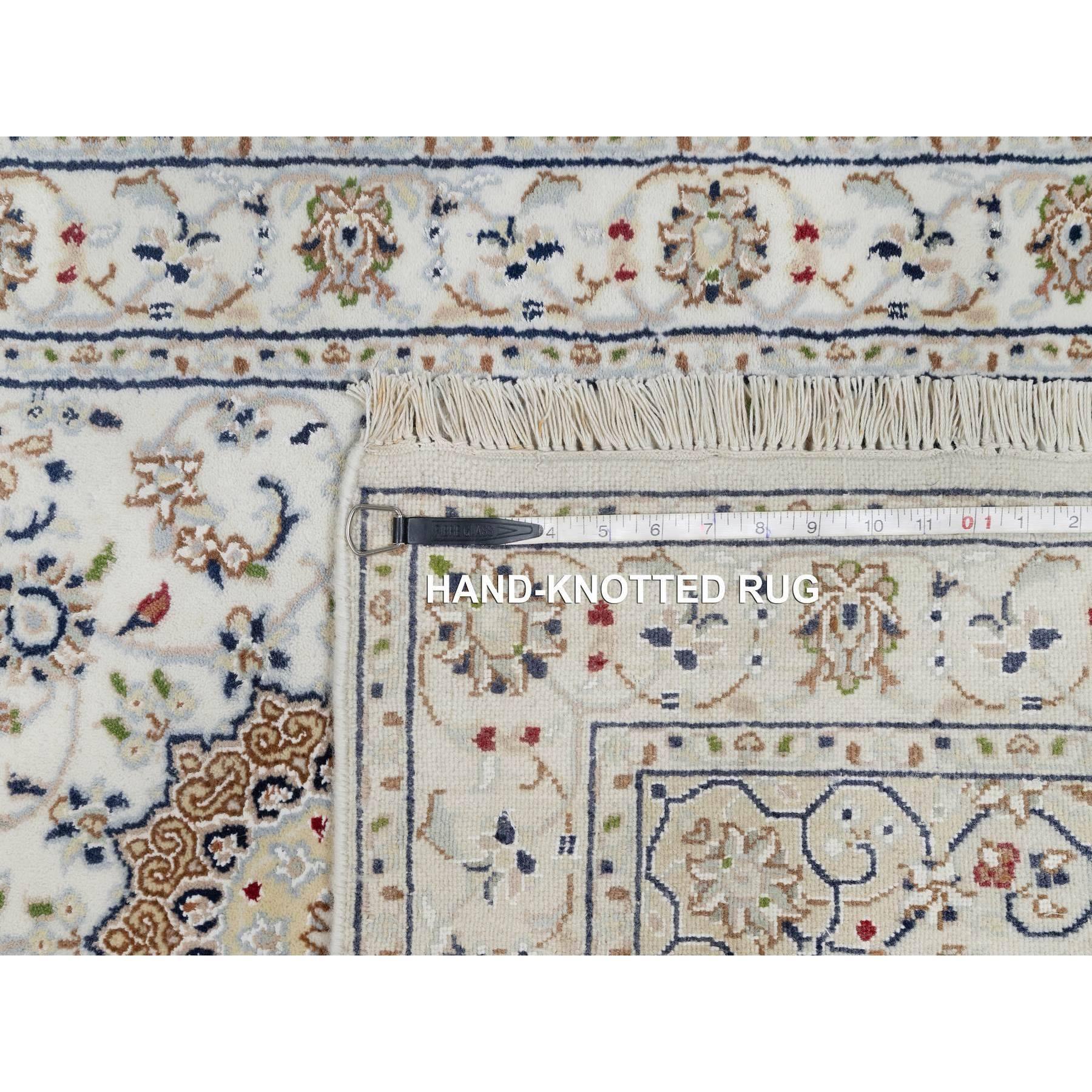 2'8"x12'7" Powder White, Nain with Flower Medallion Design, 250 KPSI, Soft Pile, Hand Knotted, Wool and Silk, Runner, Oriental Rug Sh91009