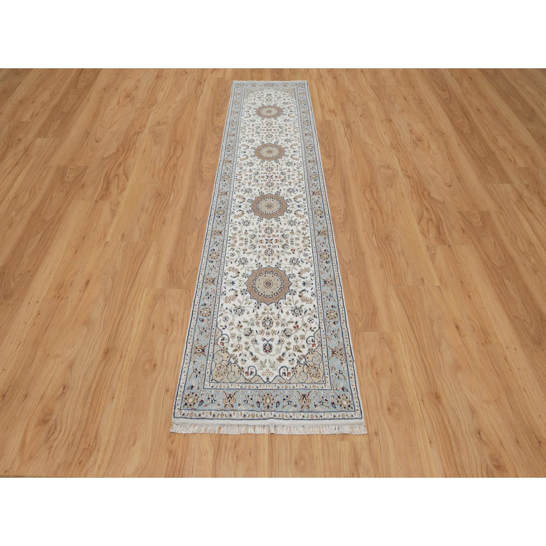 2'5"x10' Spring White, Nain with Center Medallion, Hand Knotted, 250 KPSI, Wool and Silk, Runner, Oriental Rug Sh91013