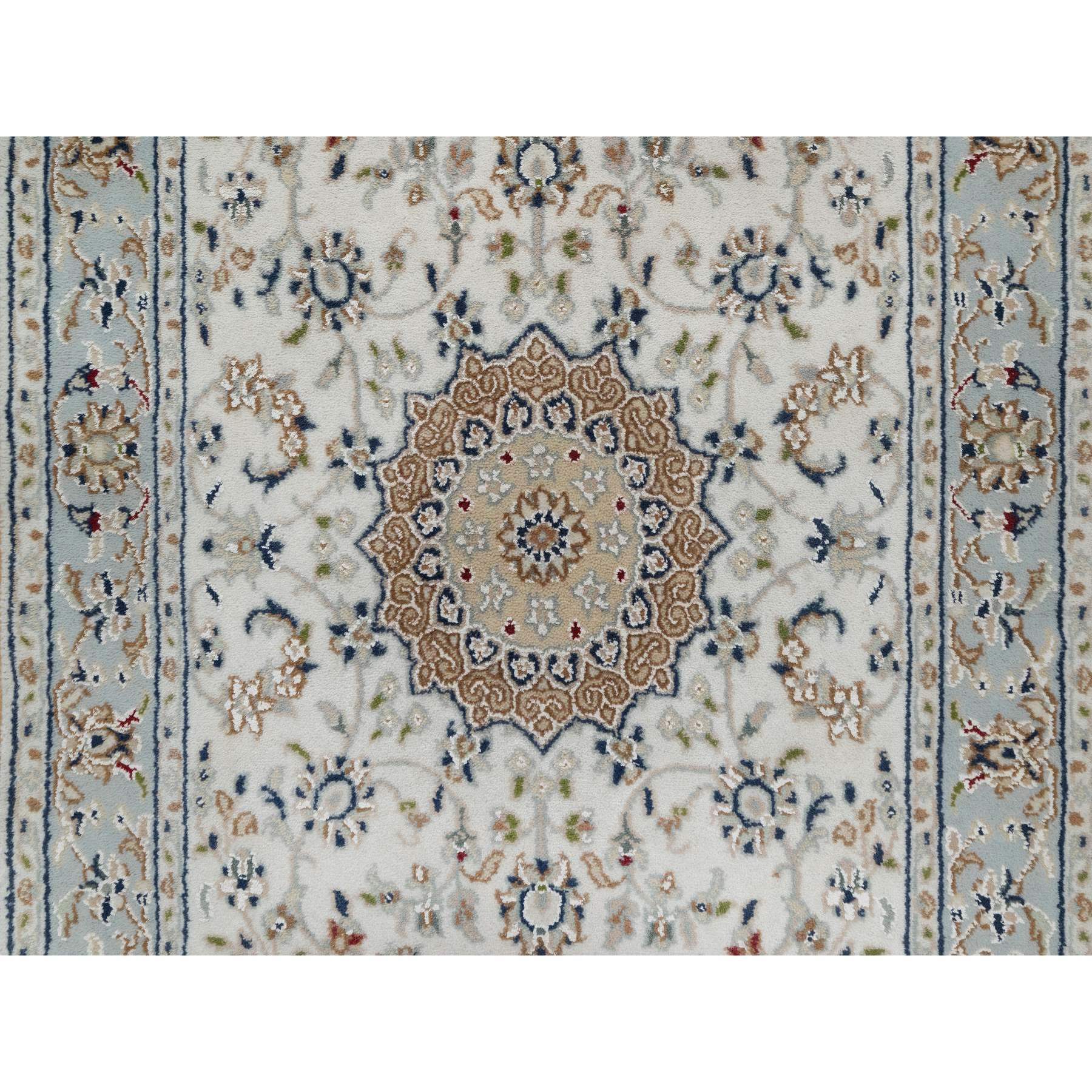2'5"x10' Spring White, Nain with Center Medallion, Hand Knotted, 250 KPSI, Wool and Silk, Runner, Oriental Rug Sh91013