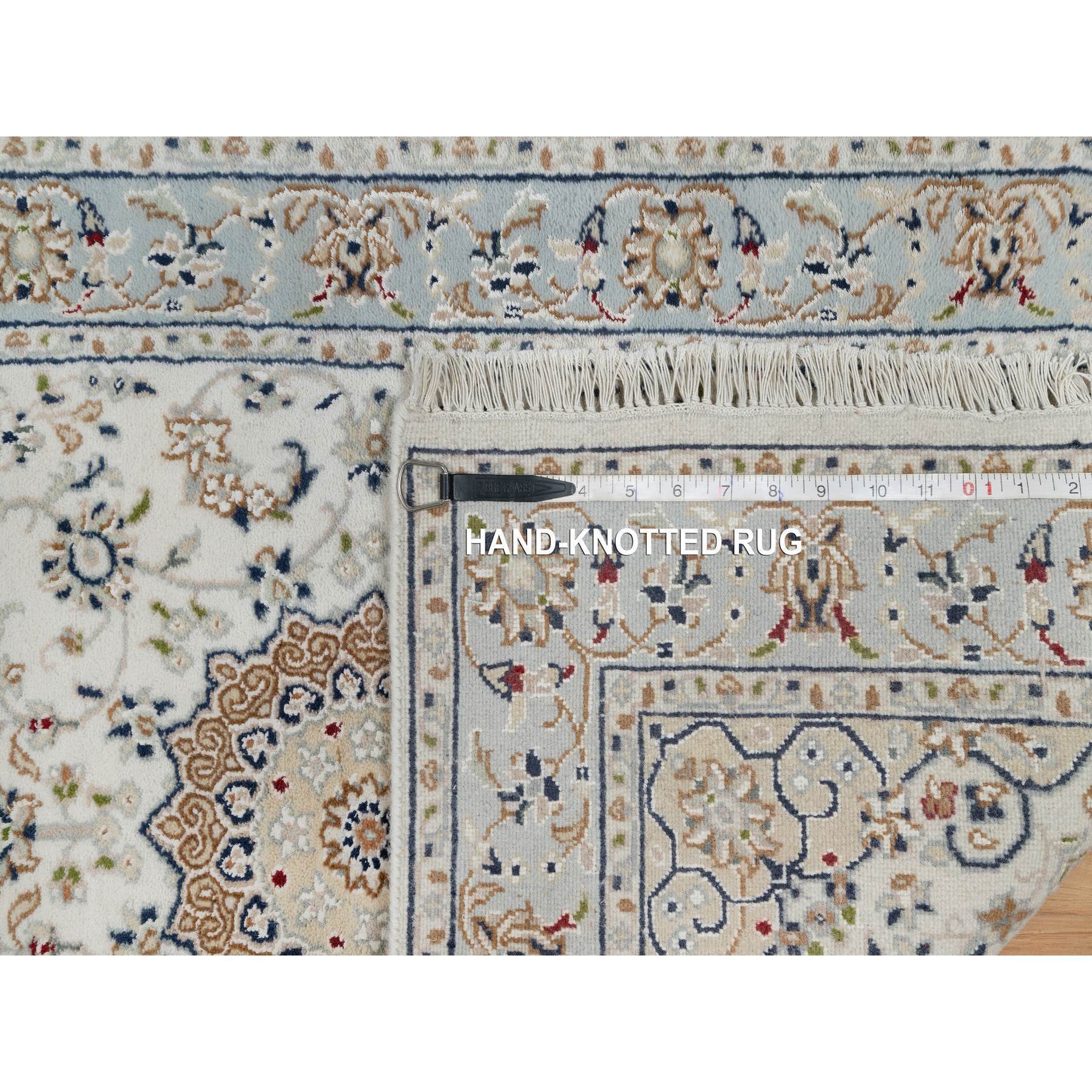2'5"x10' Spring White, Nain with Center Medallion, Hand Knotted, 250 KPSI, Wool and Silk, Runner, Oriental Rug Sh91013