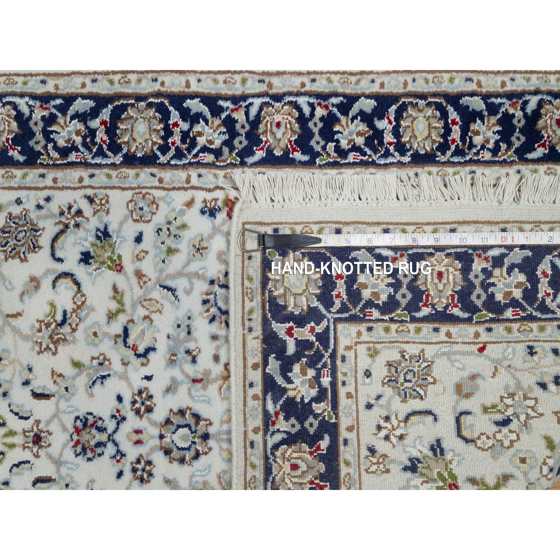 2'8"x14' Powder White, Nain with All Over Flower Design, 250 KPSI, Wool and Silk, Hand Knotted, Runner, Oriental Rug Sh91014