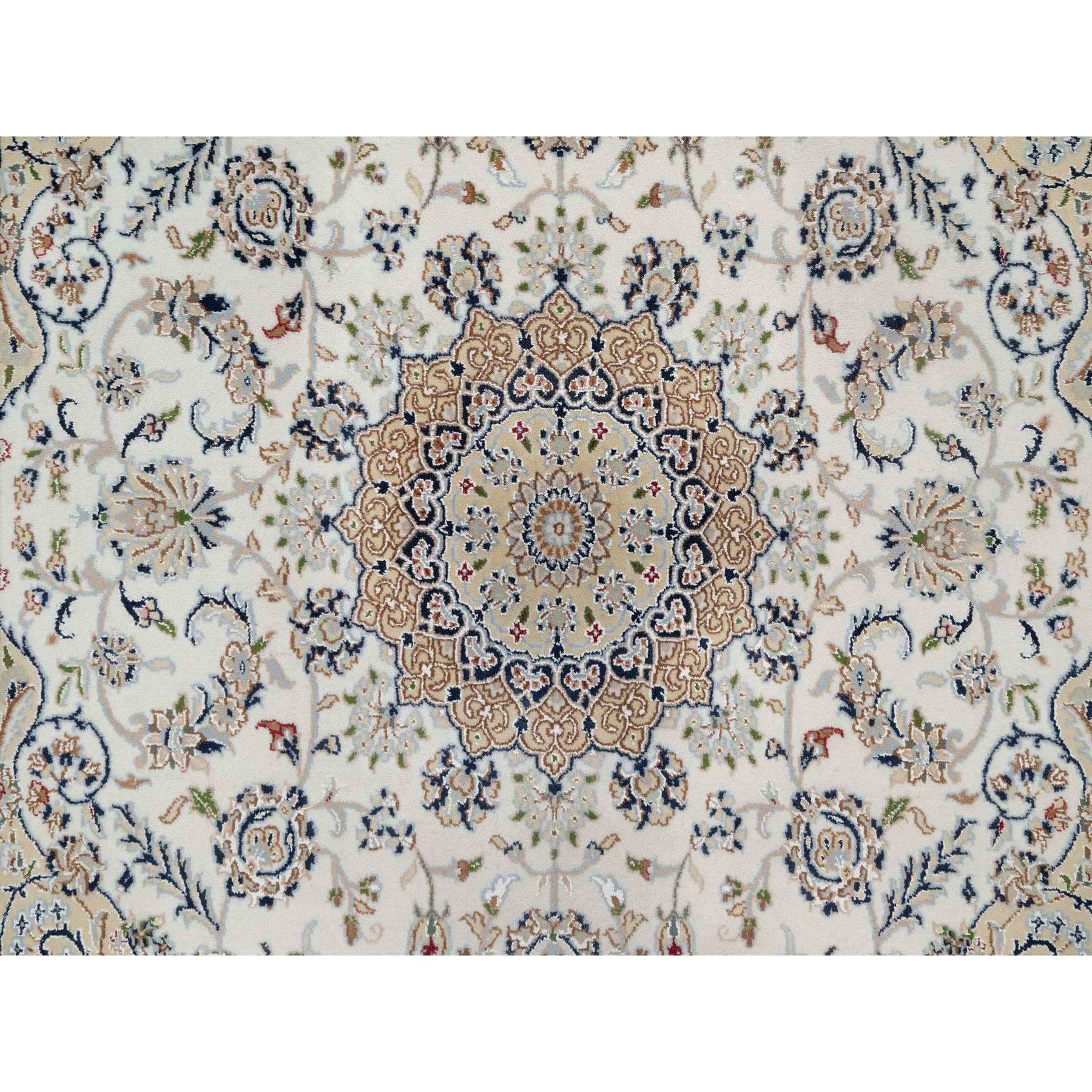 5'9"x5'9" Alabaster White, 250 KPSI, Nain with Flower Medallion Design, Soft Pile, Hand Knotted, Wool and Silk, Square, Oriental Rug Sh91021