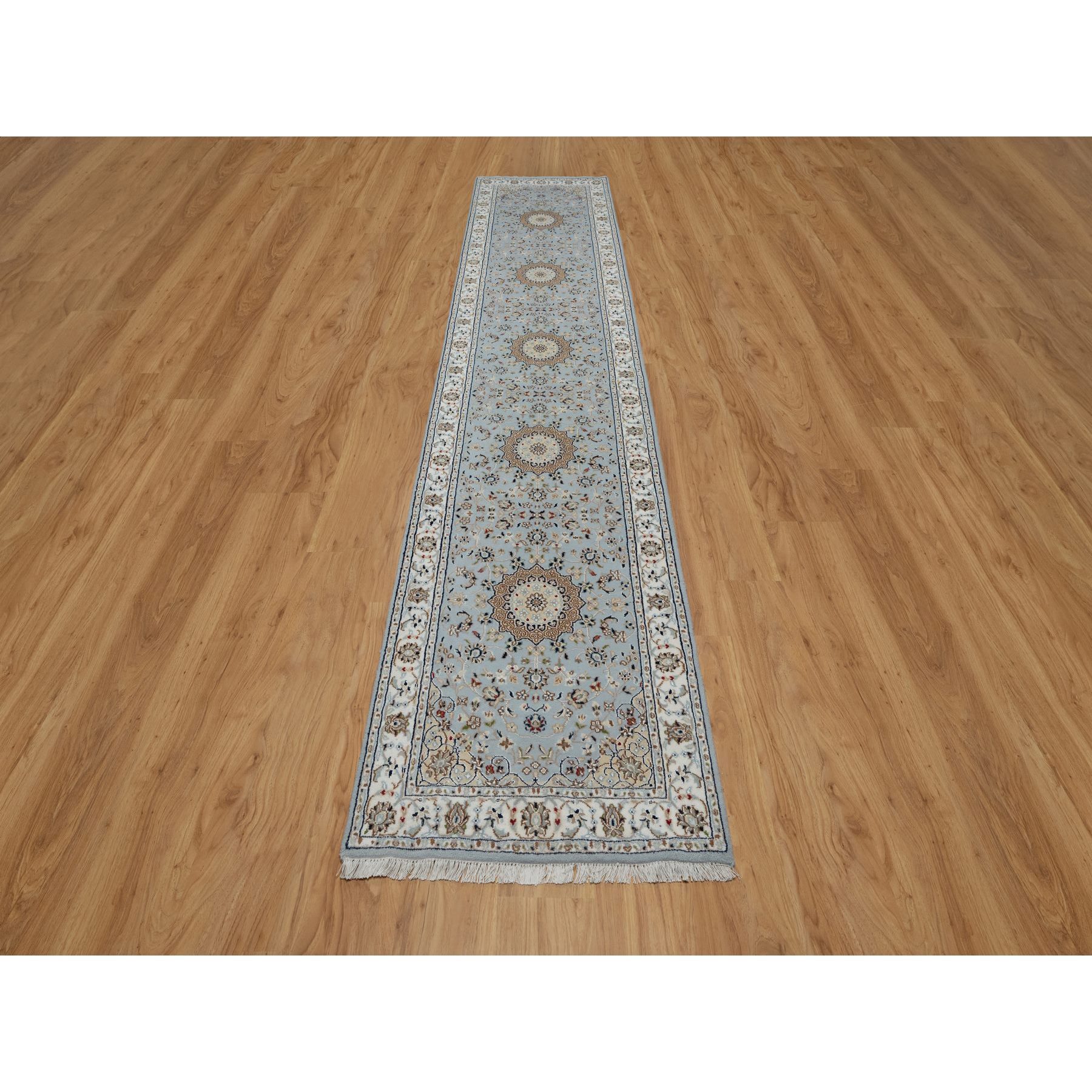 2'8"x12'9" Uranian Blue, Nain with Flower Medallion Design, 250 KPSI, Soft Pile, Wool and Silk, Hand Knotted, Runner, Oriental Rug Sh91026