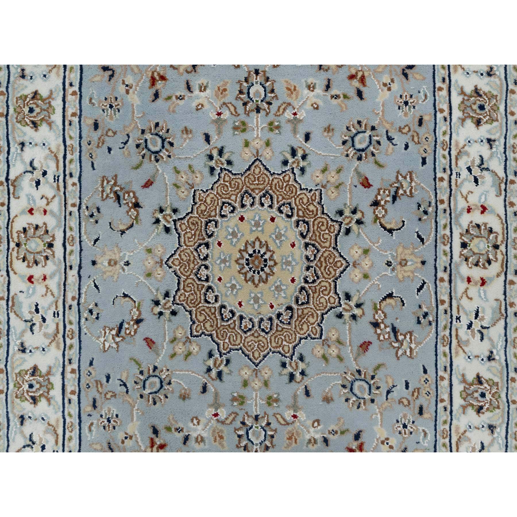 2'8"x12'9" Uranian Blue, Nain with Flower Medallion Design, 250 KPSI, Soft Pile, Wool and Silk, Hand Knotted, Runner, Oriental Rug Sh91026