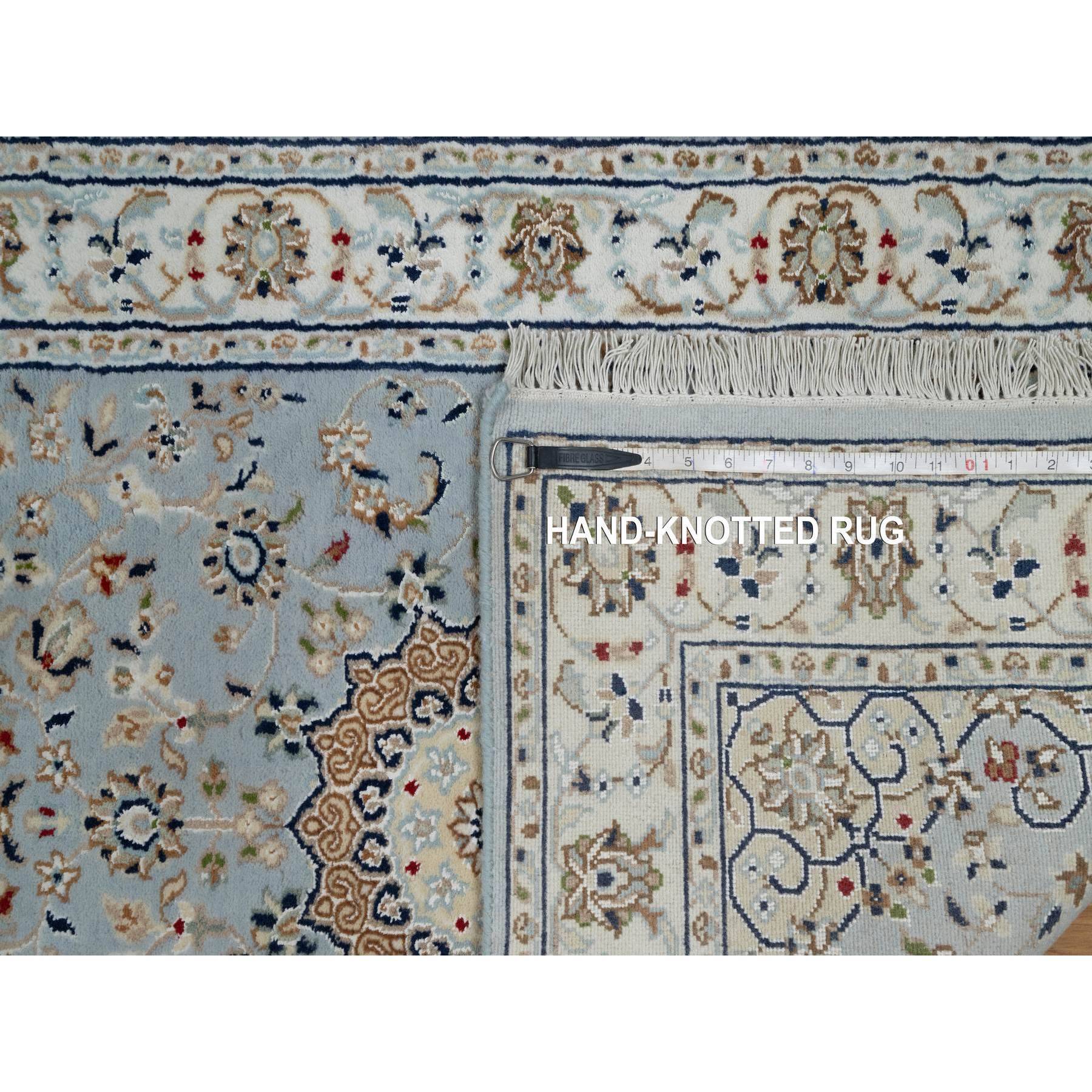 2'8"x12'9" Uranian Blue, Nain with Flower Medallion Design, 250 KPSI, Soft Pile, Wool and Silk, Hand Knotted, Runner, Oriental Rug Sh91026