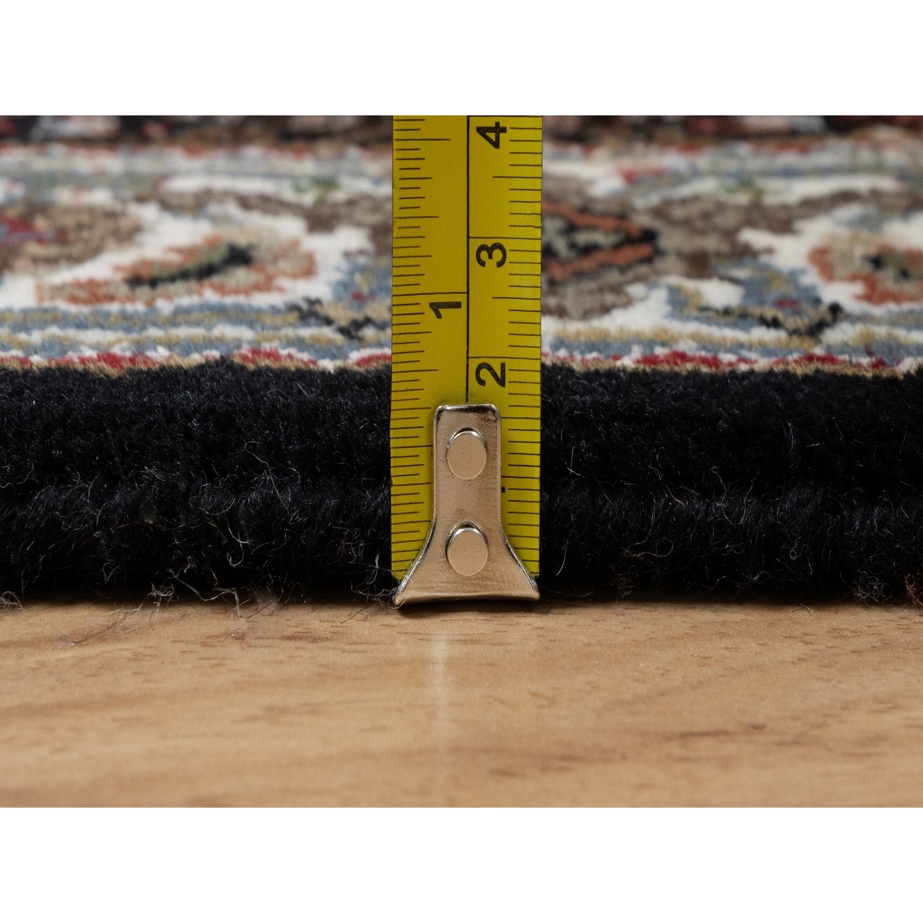 2'8"x20'1" Rich Black, Tabriz Mahi with Fish Medallion Design, 175 KPSI, Pure Wool, Hand Knotted, XL Runner, Oriental Rug Sh91027