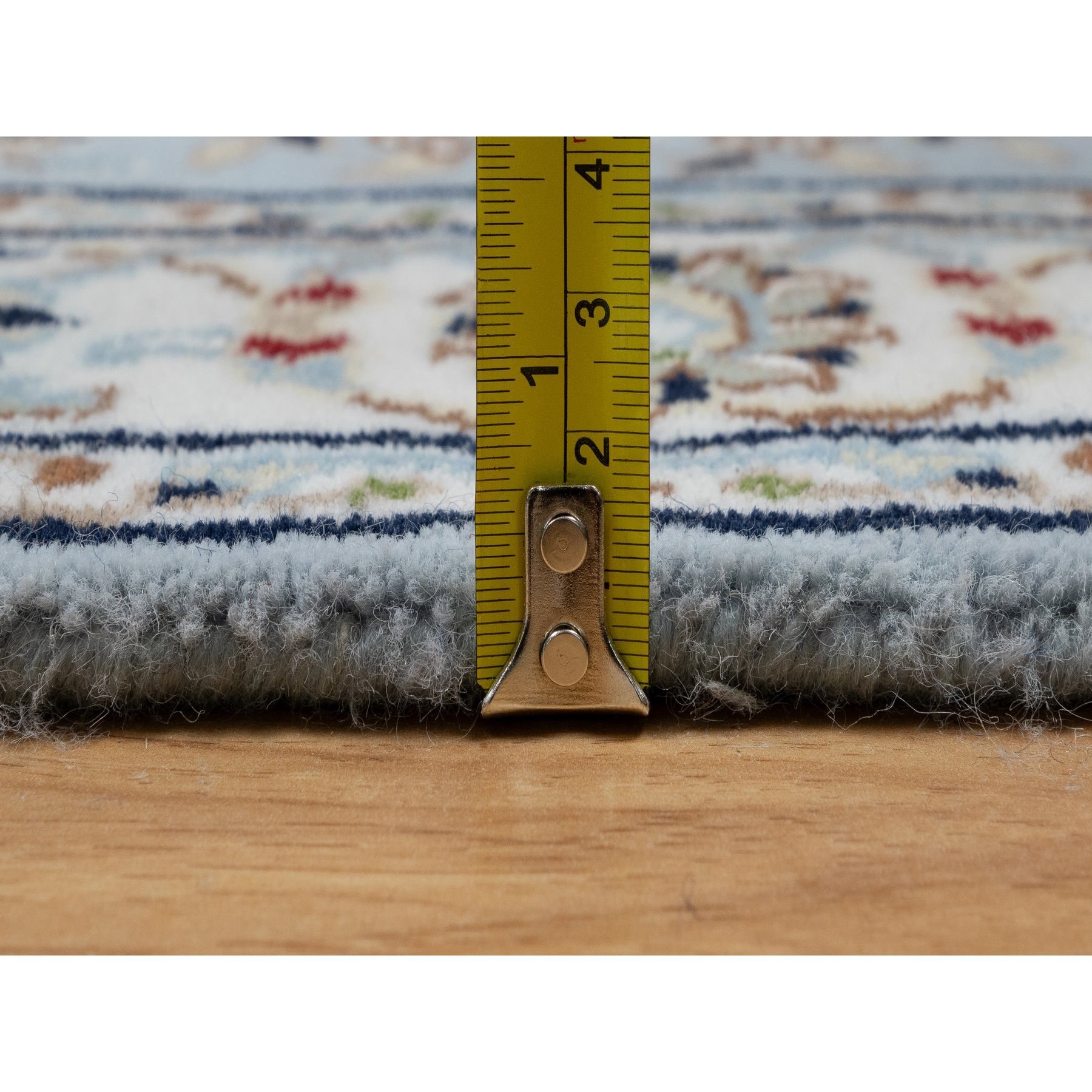 2'8"x10'1" Celeste Blue, 250 KPSI, Wool and Silk, Hand Knotted, Nain with Flower Medallion Design, Runner, Oriental Rug Sh91029