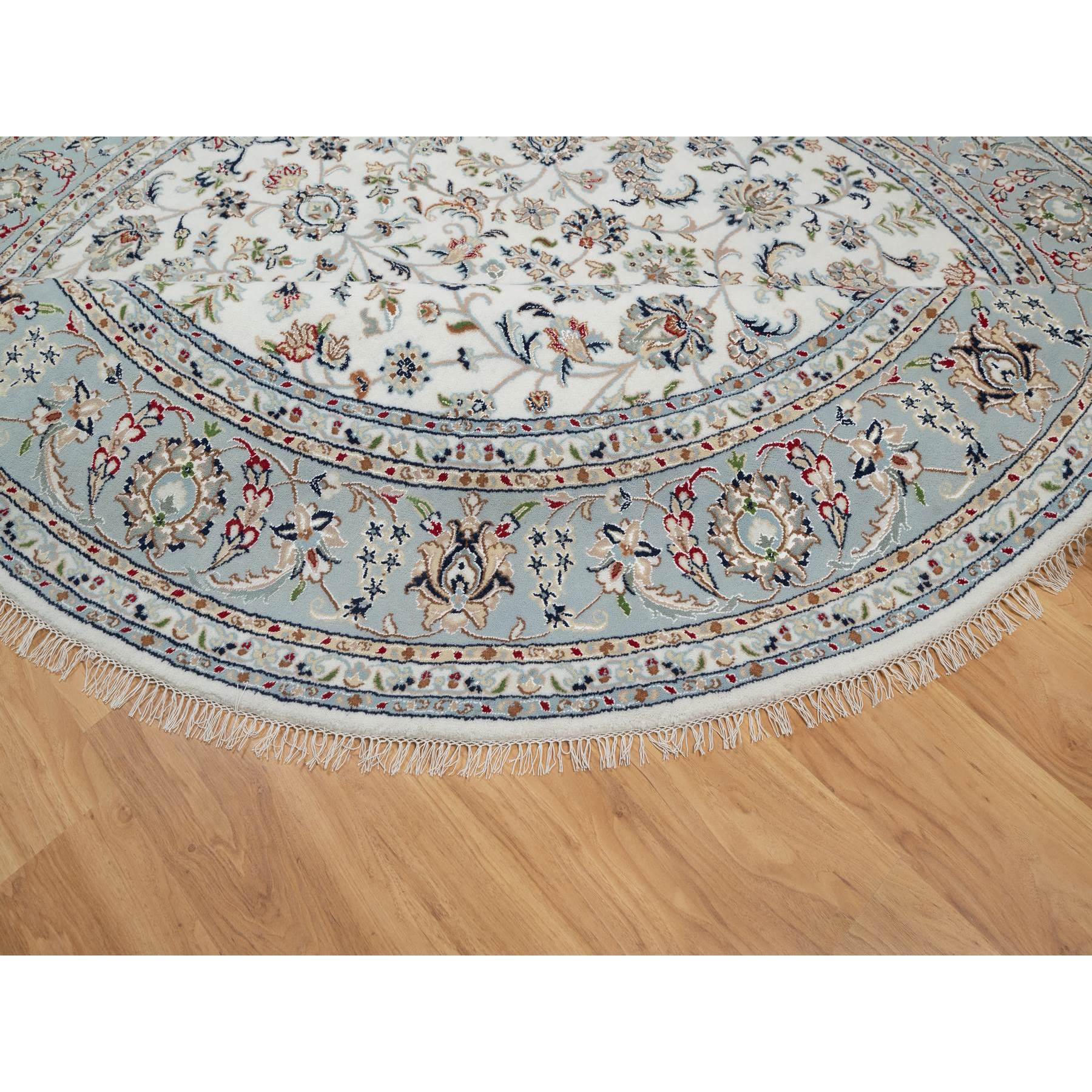 8'x8' Pearl White, 250 KPSI, Nain with All Over Floral Design, Soft Pile, Wool and Silk, Hand Knotted, Round, Oriental Rug Sh91032