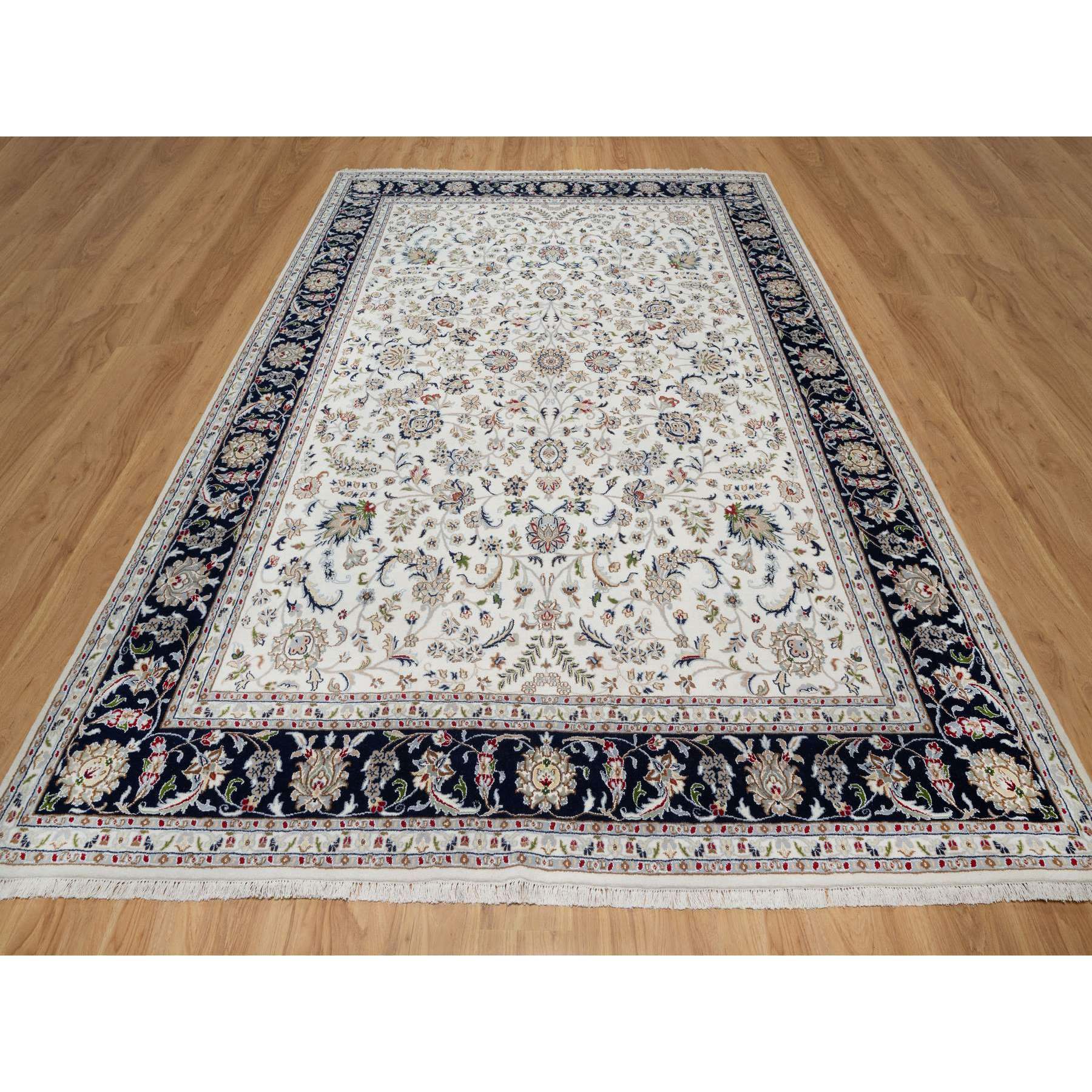 8'7"x11'8" Cotton White, Hand Knotted, Nain with All Over Flower Design, 250 KPSI, Wool and Silk, Oriental Rug Sh91033