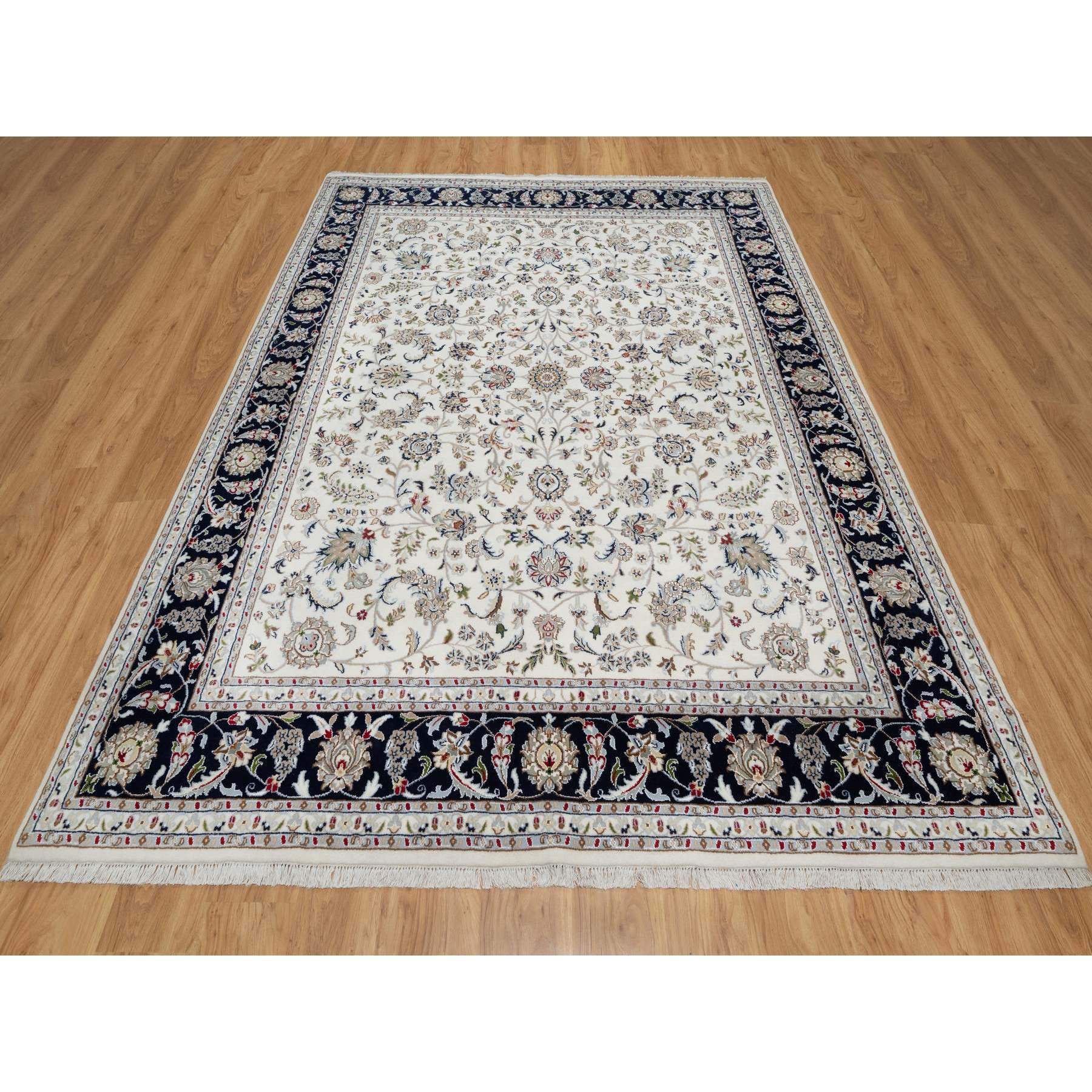 7'10"x10' Pearl White, Hand Knotted, Nain with All Over Flower Design, Soft Pile, 250 KPSI, Wool and Silk, Oriental Rug Sh91035