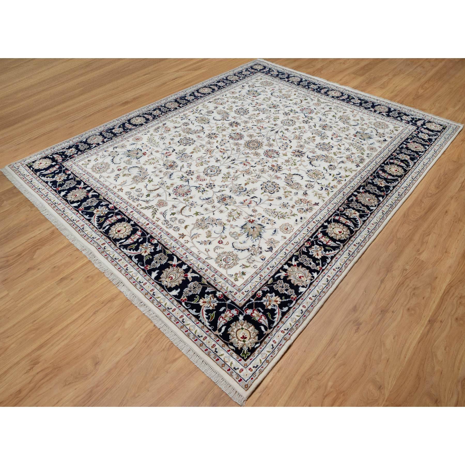 7'10"x10' Pearl White, Hand Knotted, Nain with All Over Flower Design, Soft Pile, 250 KPSI, Wool and Silk, Oriental Rug Sh91035