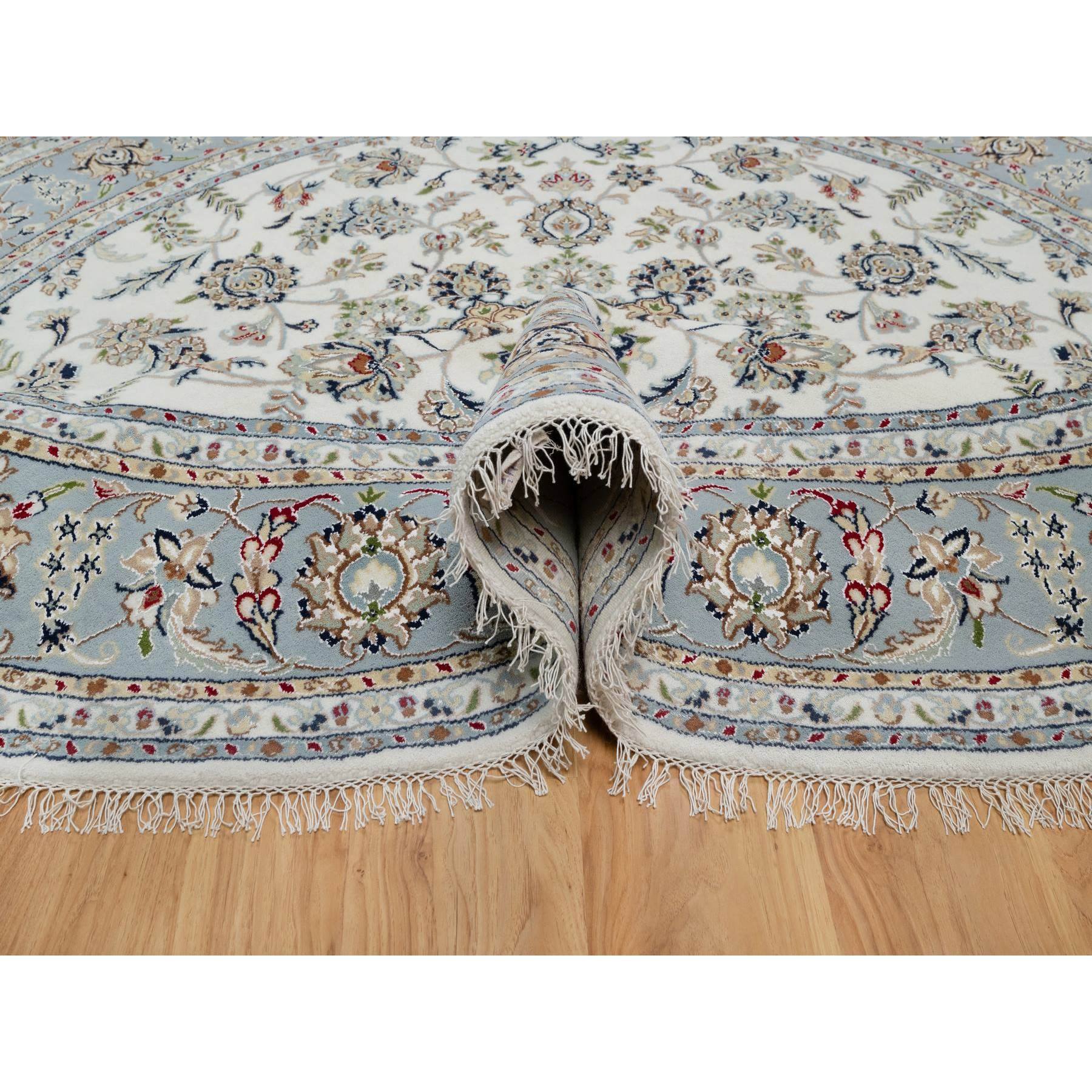 8'1"x8'1" Daisy White, Nain with Floral Medallion Design, Hand Knotted, 250 KPSI, Wool and Silk, Round, Oriental Rug Sh91036