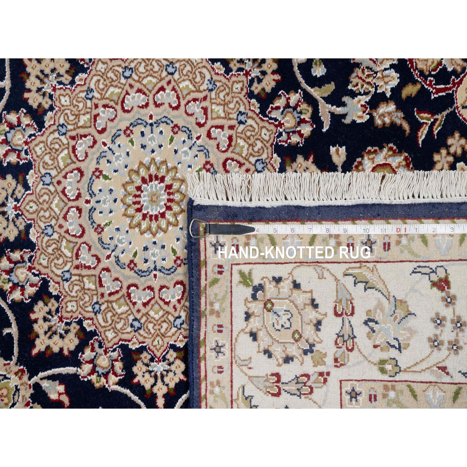 5'x5' Midnight Blue, Wool and Silk, Hand Knotted, Nain with Center Medallion Flower Design, 250 KPSI, Square, Oriental Rug Sh91054