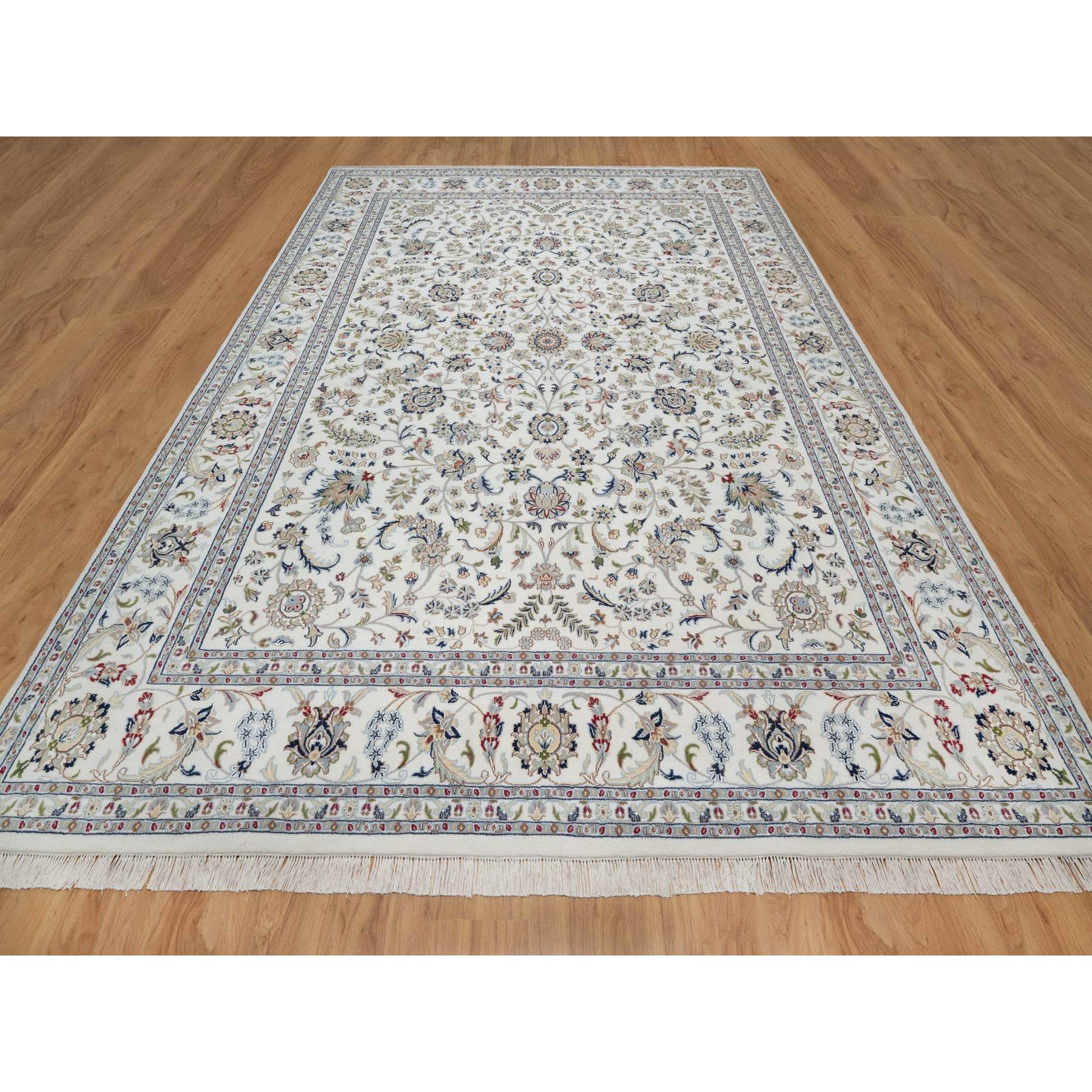 9'x12'1" Isabelline White, Hand Knotted, Nain with All Over Flower Design, Soft Pile, Wool and Silk, 250 KPSI, Oriental Rug Sh91055