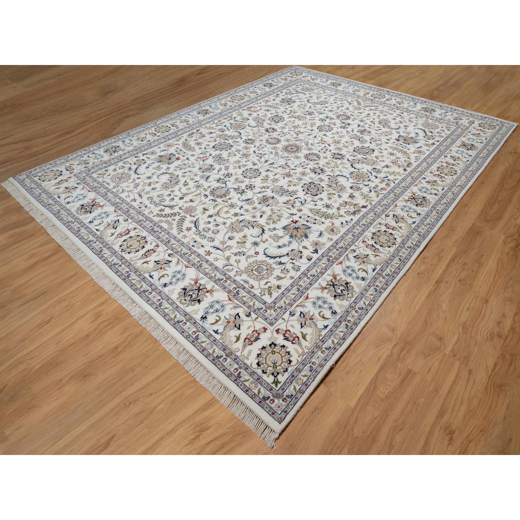 9'x12'1" Isabelline White, Hand Knotted, Nain with All Over Flower Design, Soft Pile, Wool and Silk, 250 KPSI, Oriental Rug Sh91055