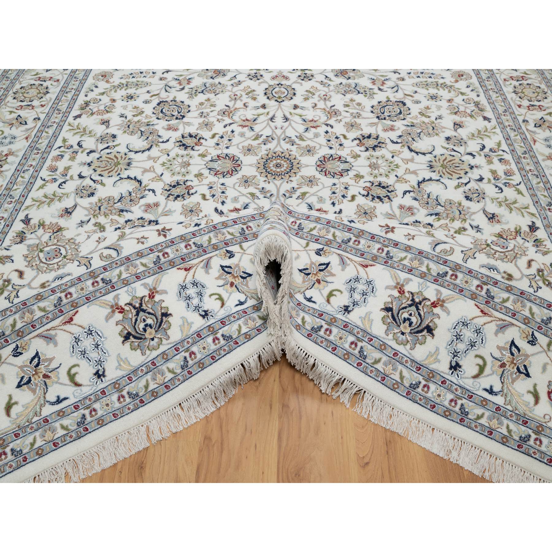 9'x12'1" Isabelline White, Hand Knotted, Nain with All Over Flower Design, Soft Pile, Wool and Silk, 250 KPSI, Oriental Rug Sh91055