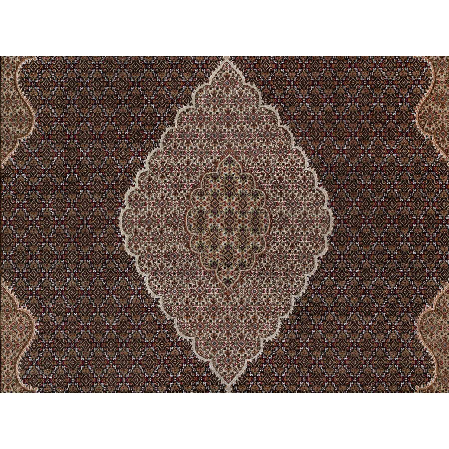 11'8"x15'2" Rich Black, Hand Knotted, Tabriz Mahi with Fish Medallion Design, 175 KPSI, Organic Wool, Oversized, Oriental Rug Sh91056