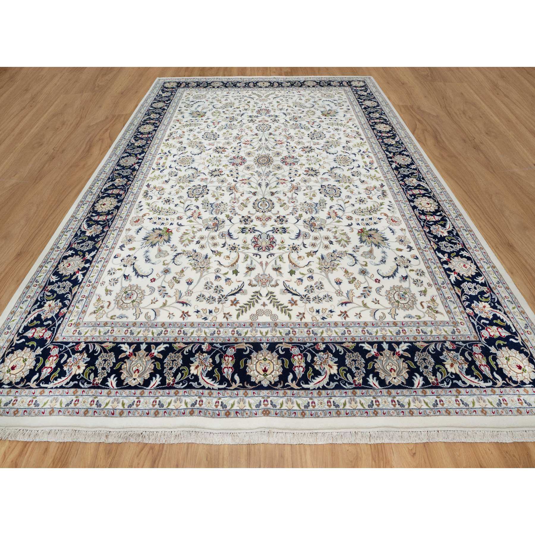 10'2"x14' Alabaster White, Wool and Silk, Nain with All Over Flower Design, 250 KPSI, Hand Knotted, Oriental Rug Sh91057