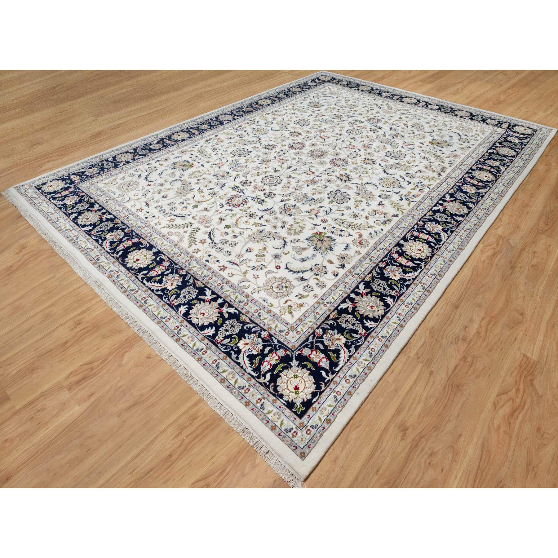 10'2"x14' Alabaster White, Wool and Silk, Nain with All Over Flower Design, 250 KPSI, Hand Knotted, Oriental Rug Sh91057